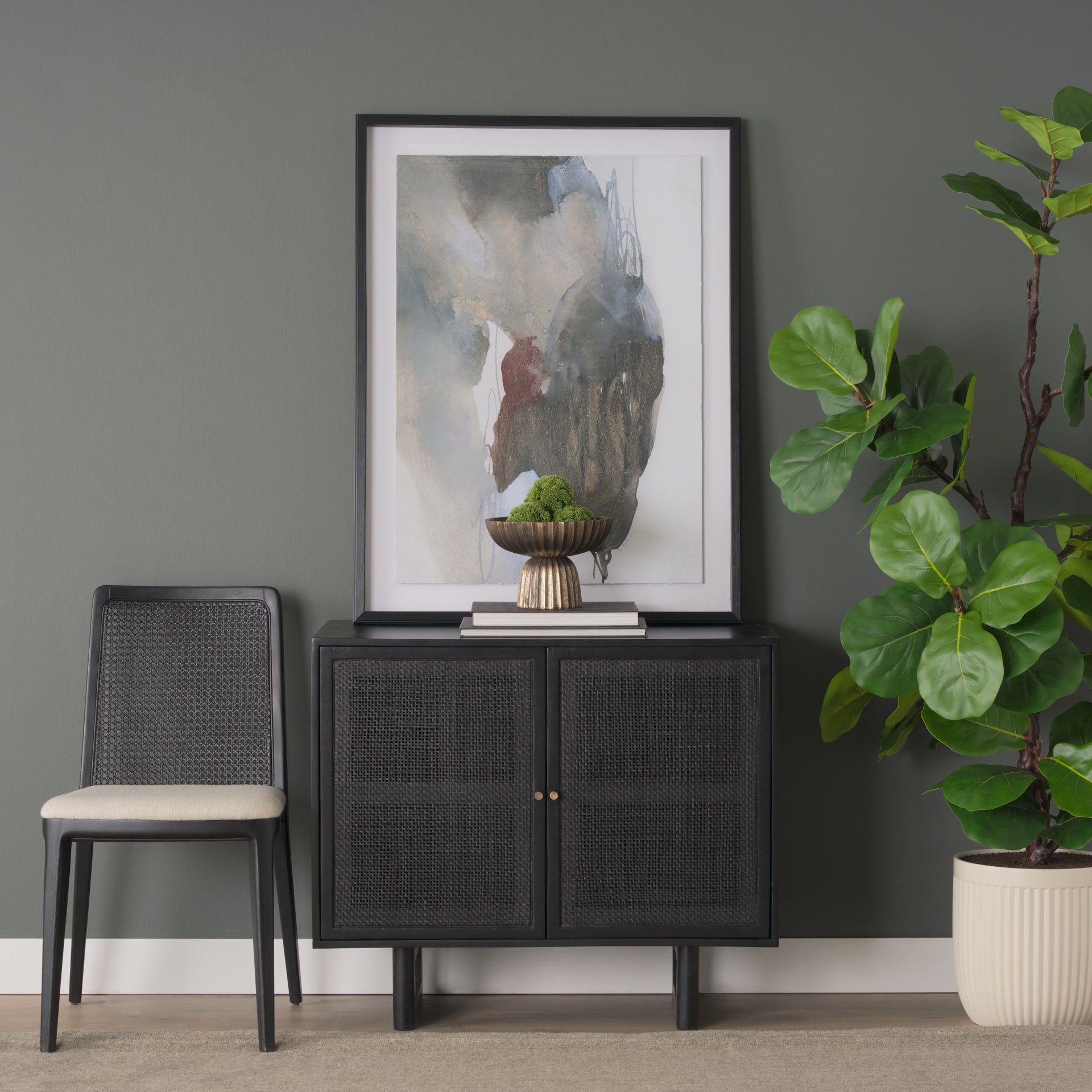 Grier Matte Black Stained Wood with Black Cane Accent Cabinet