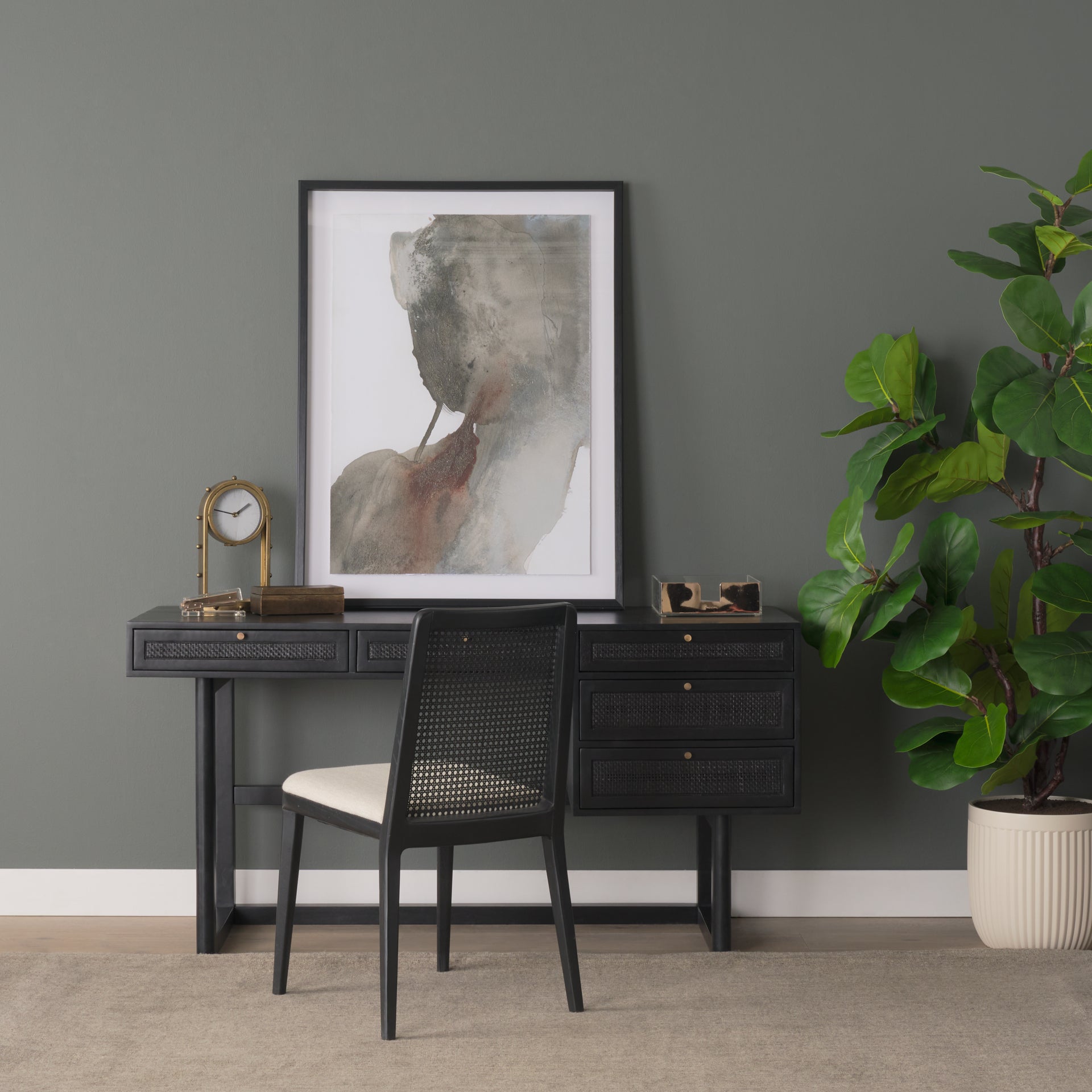 Grier 60" Black Solid Wood with Black Cane Office Desk
