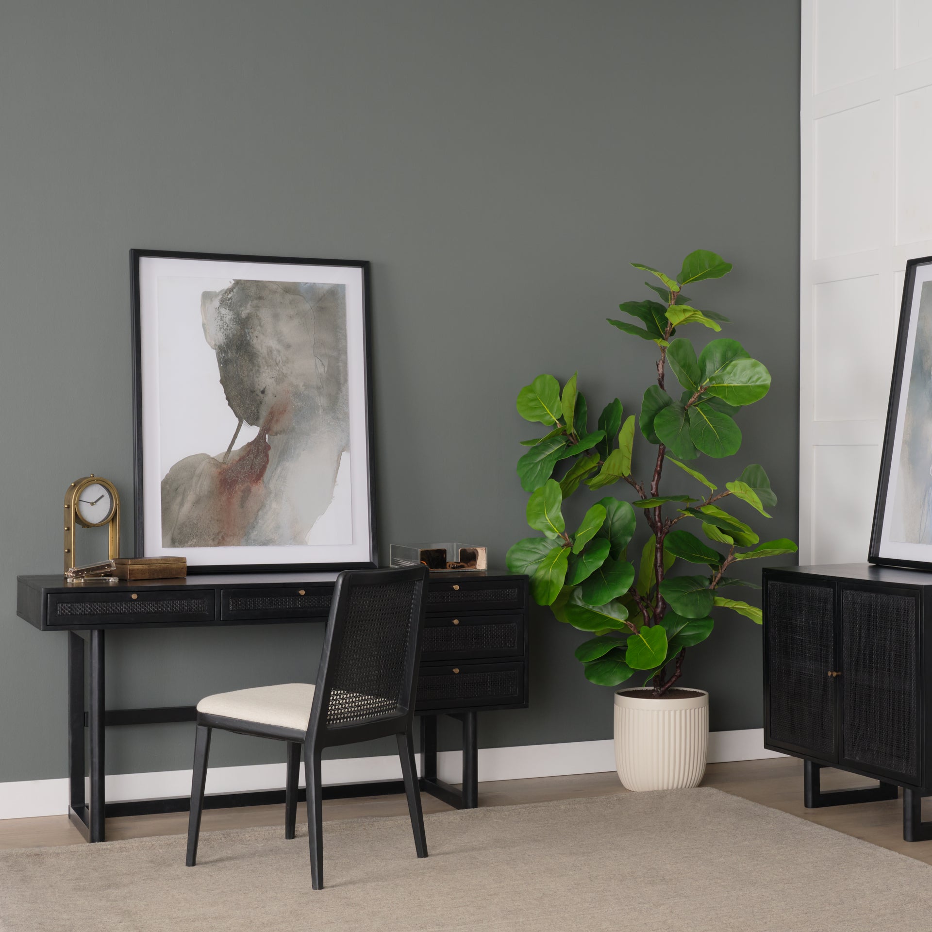 Grier 60" Black Solid Wood with Black Cane Office Desk