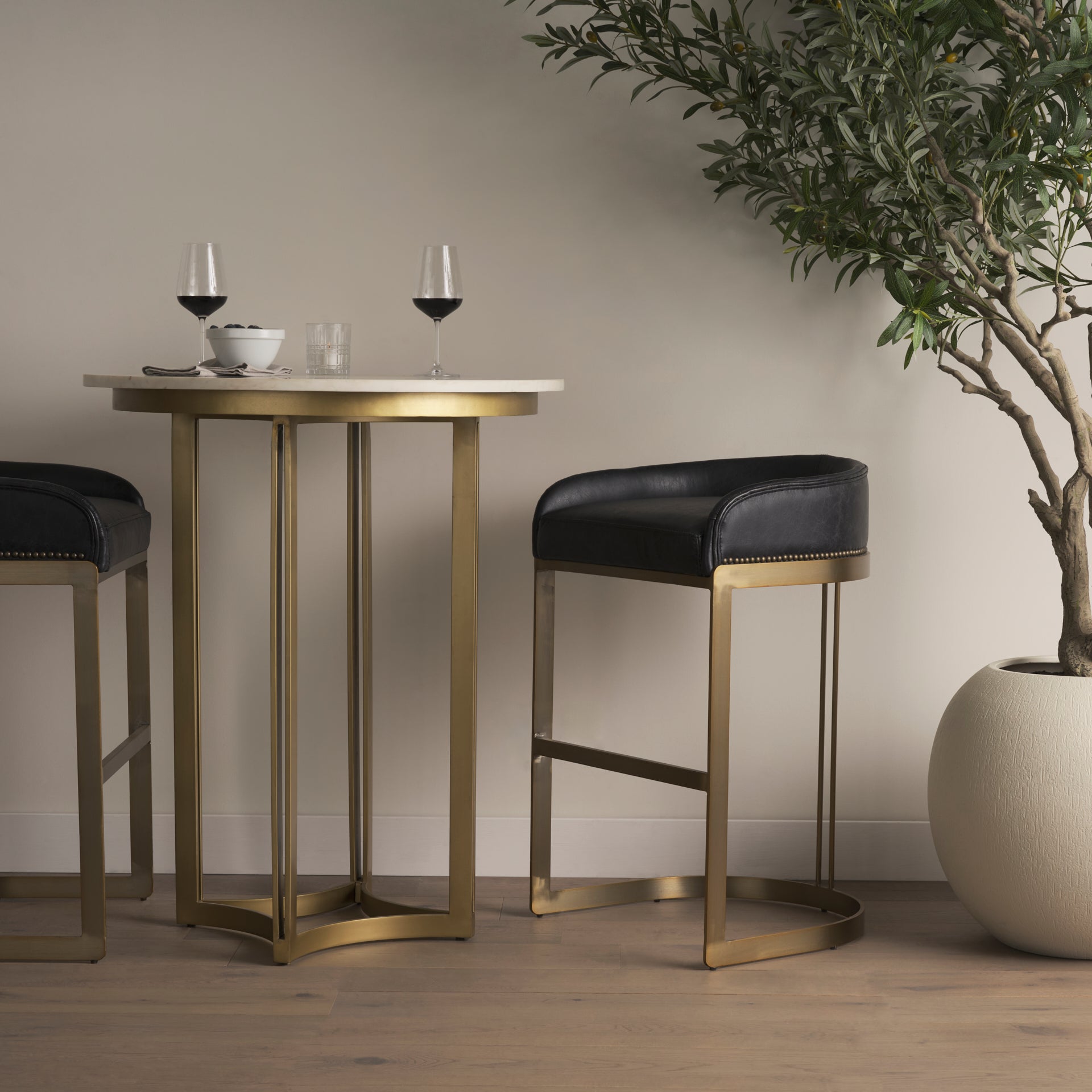 Hollyfield II Leather Seat Gold Metal Base Bar Stool