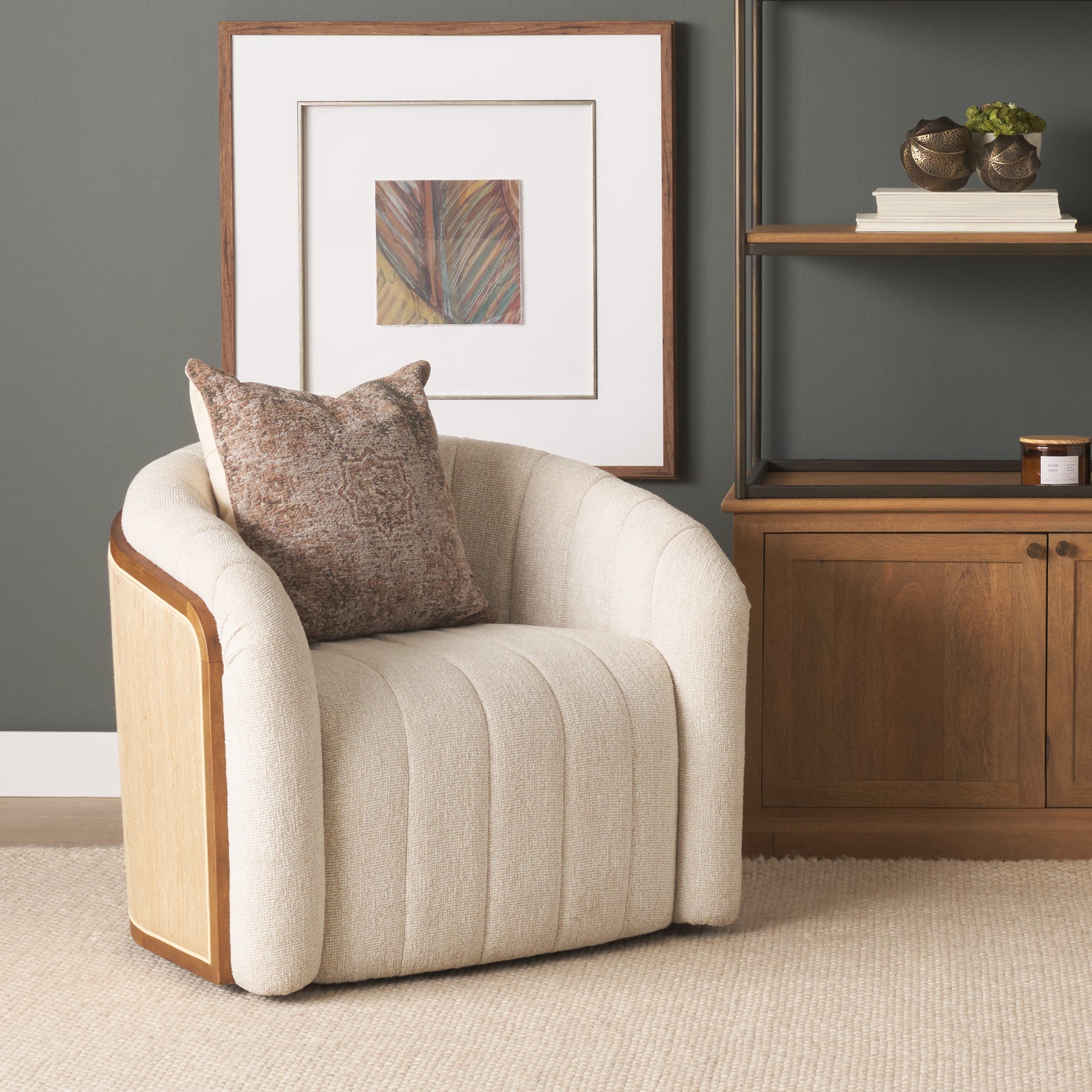 Fonda Cream Fabric with Natural Jute Swivel Accent Chair