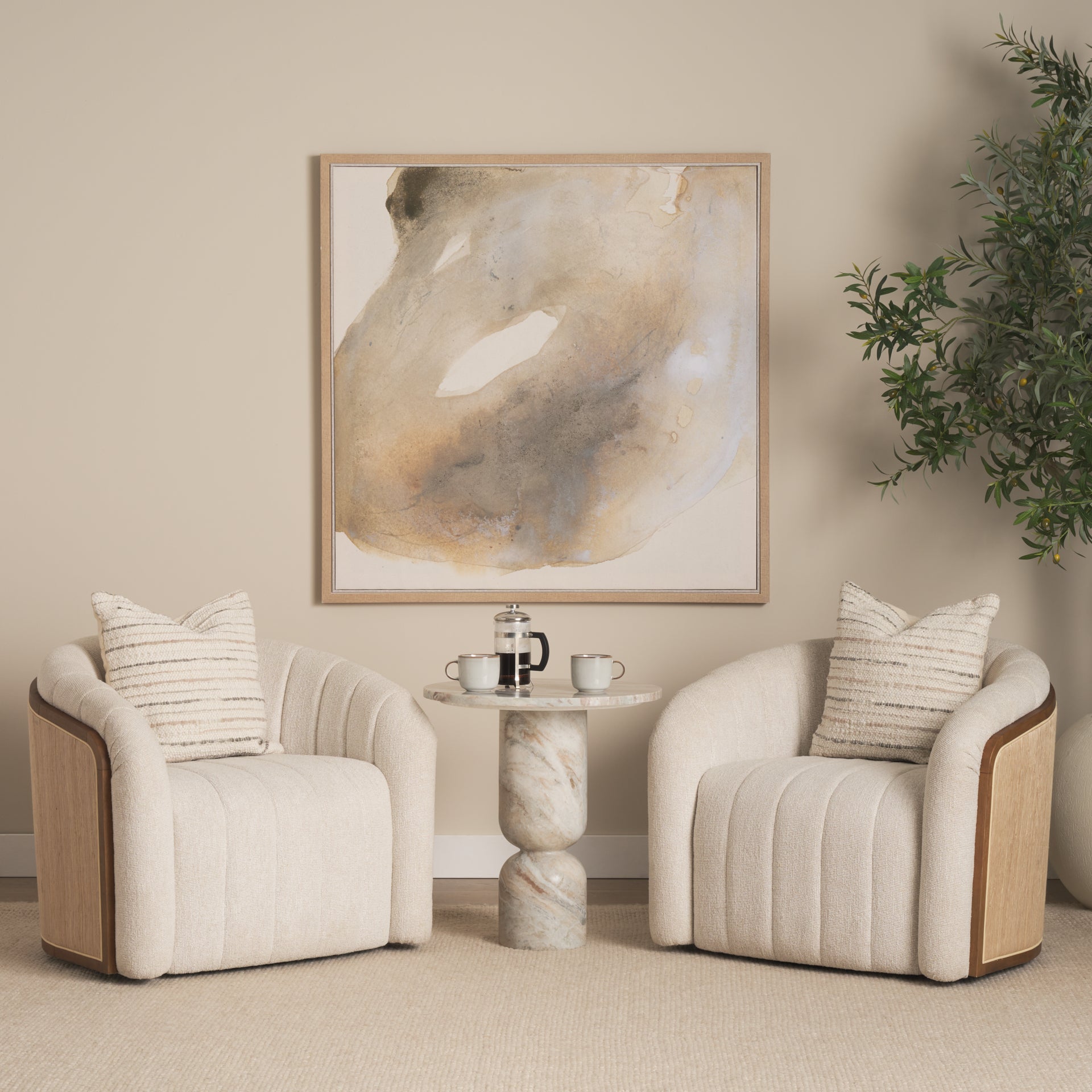 Fonda Cream Fabric with Natural Jute Swivel Accent Chair