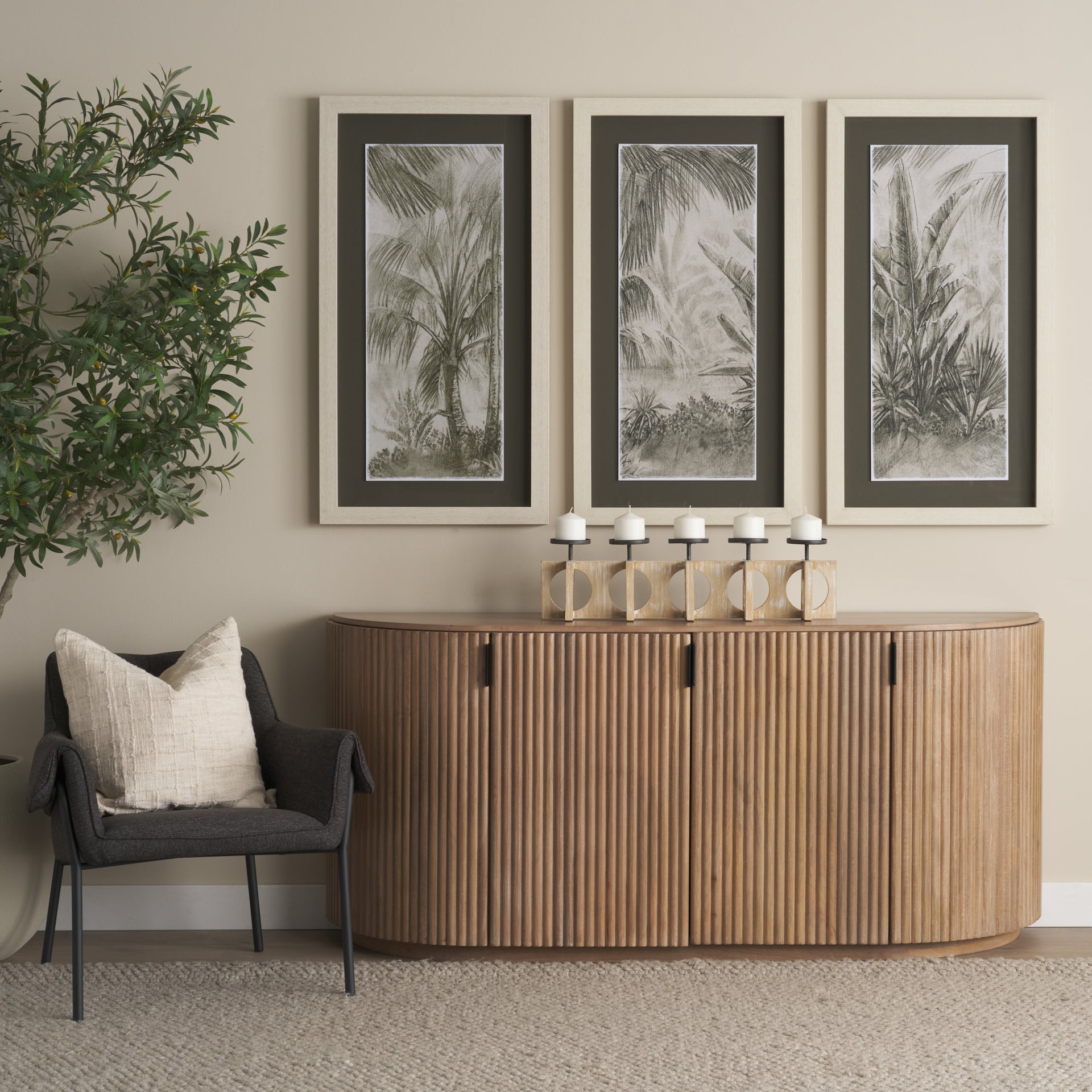 Cambie Natural Wood with Black Metal Candle Holders