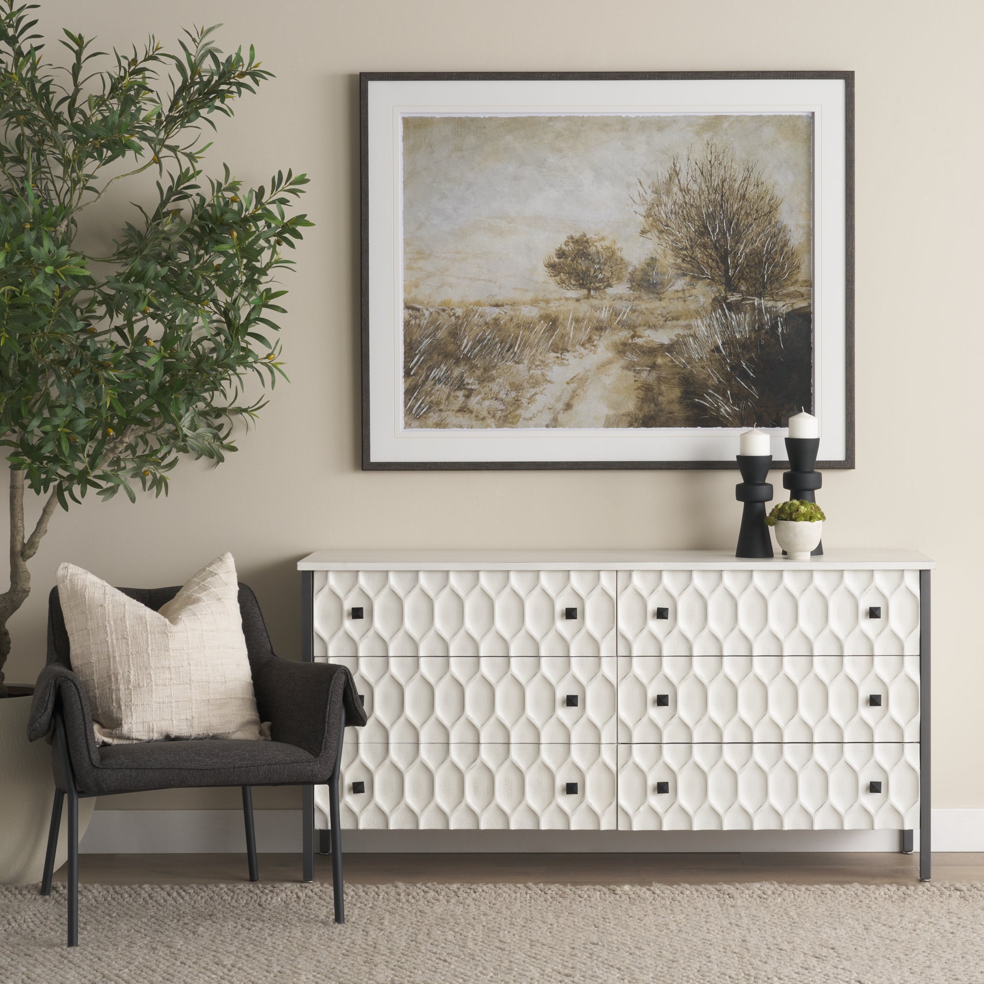 Savannah White Fir Veneer with Gray Metal 6-Drawer Sideboard