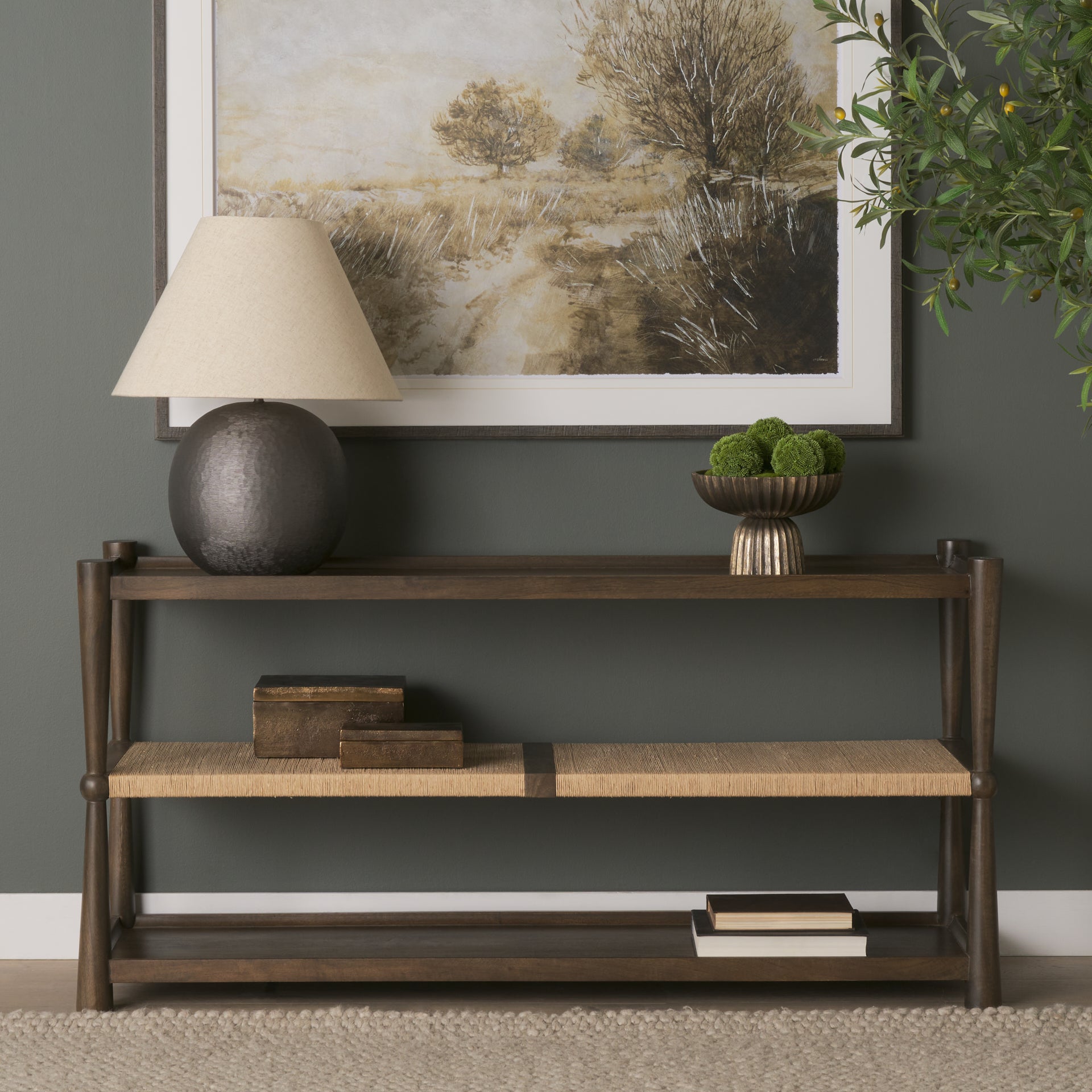 Bondi Dark Brown Wood with Paper Rope Shelf Console Table