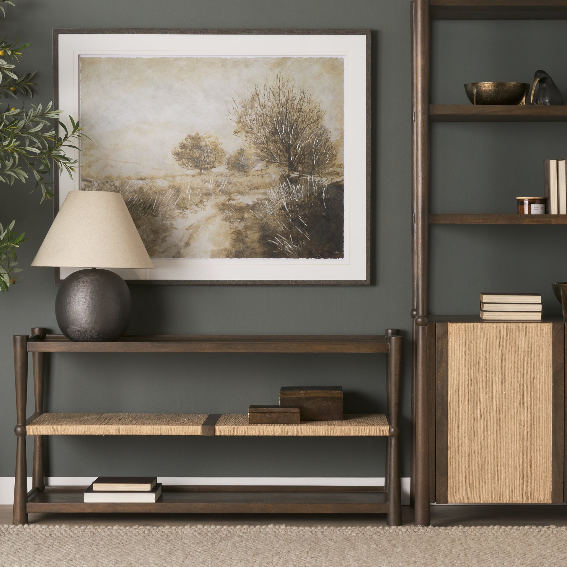 Bondi Dark Brown Wood with Paper Rope Shelf Console Table