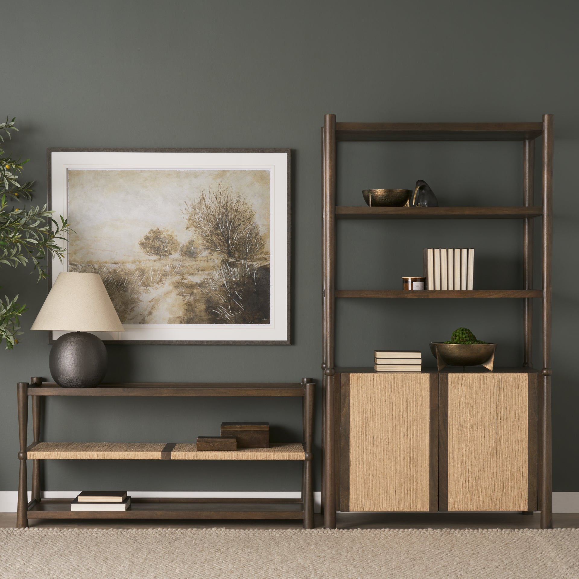 Bondi 2 Door Open Dark Brown Wood with Paper Rope Shelving Unit