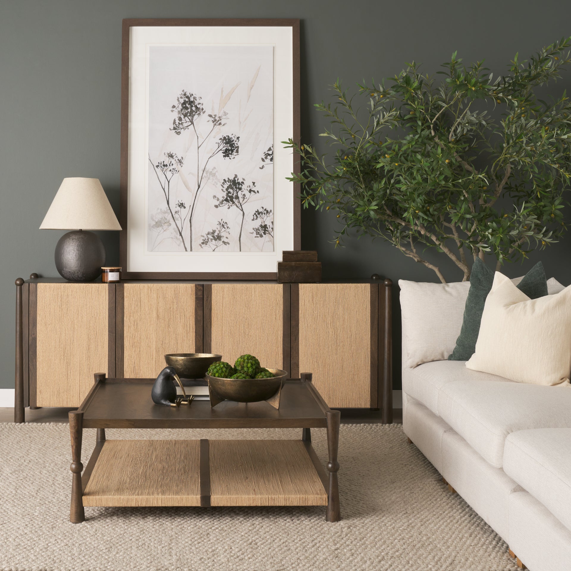 Bondi 85" Dark Brown Wood with Paper Rope 4 Door Closed Sideboard