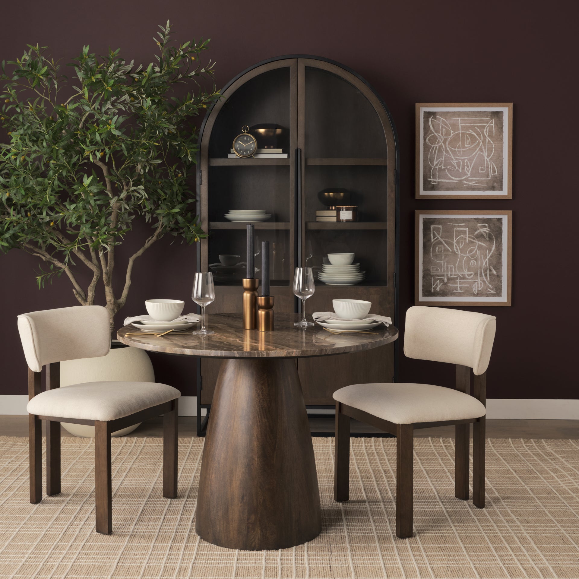 Allyson 42" Round Dark Brown with Cappuccino Marble Pedestal Dining Table