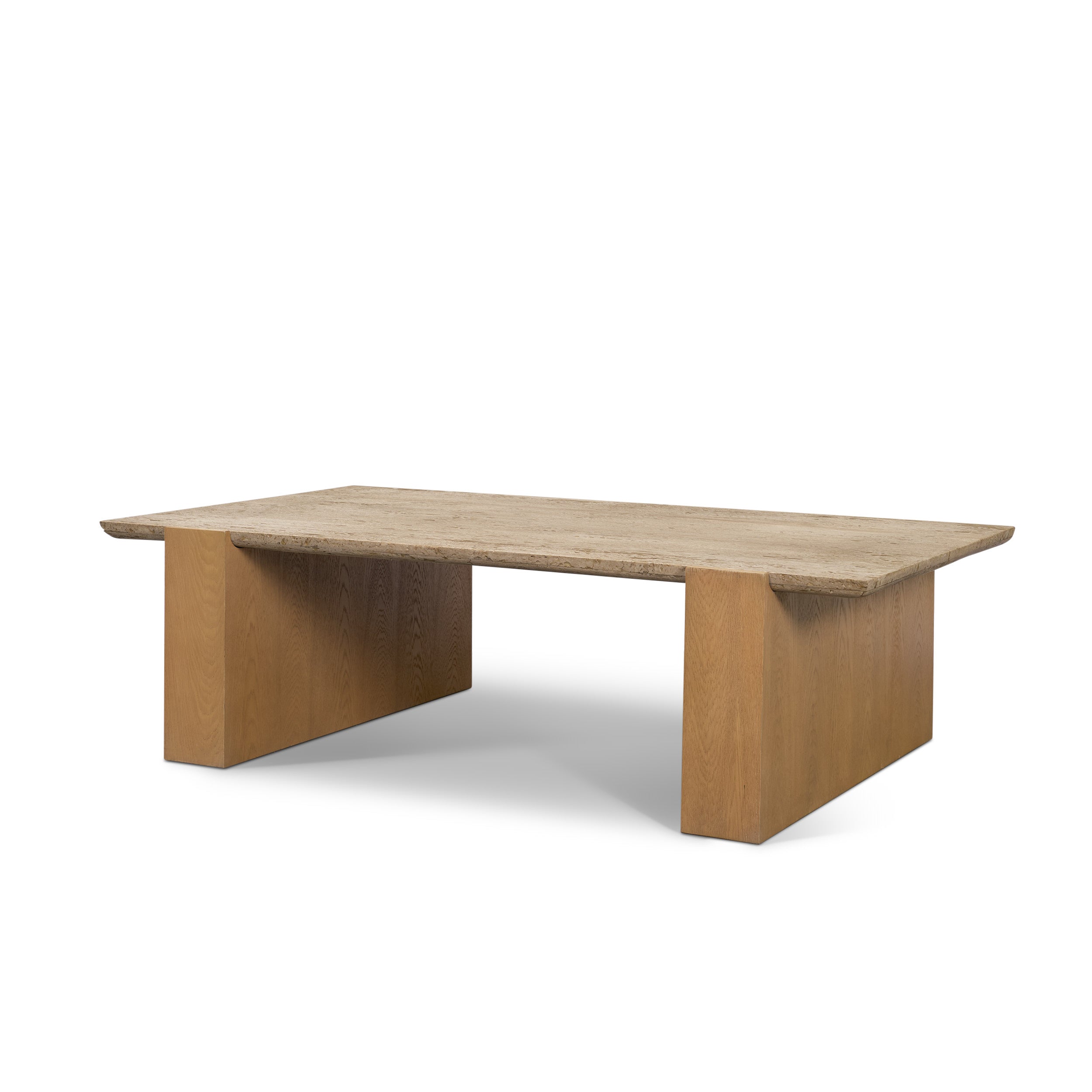 Milos Travertine Top with Light Brown Oak Wood Coffee Table