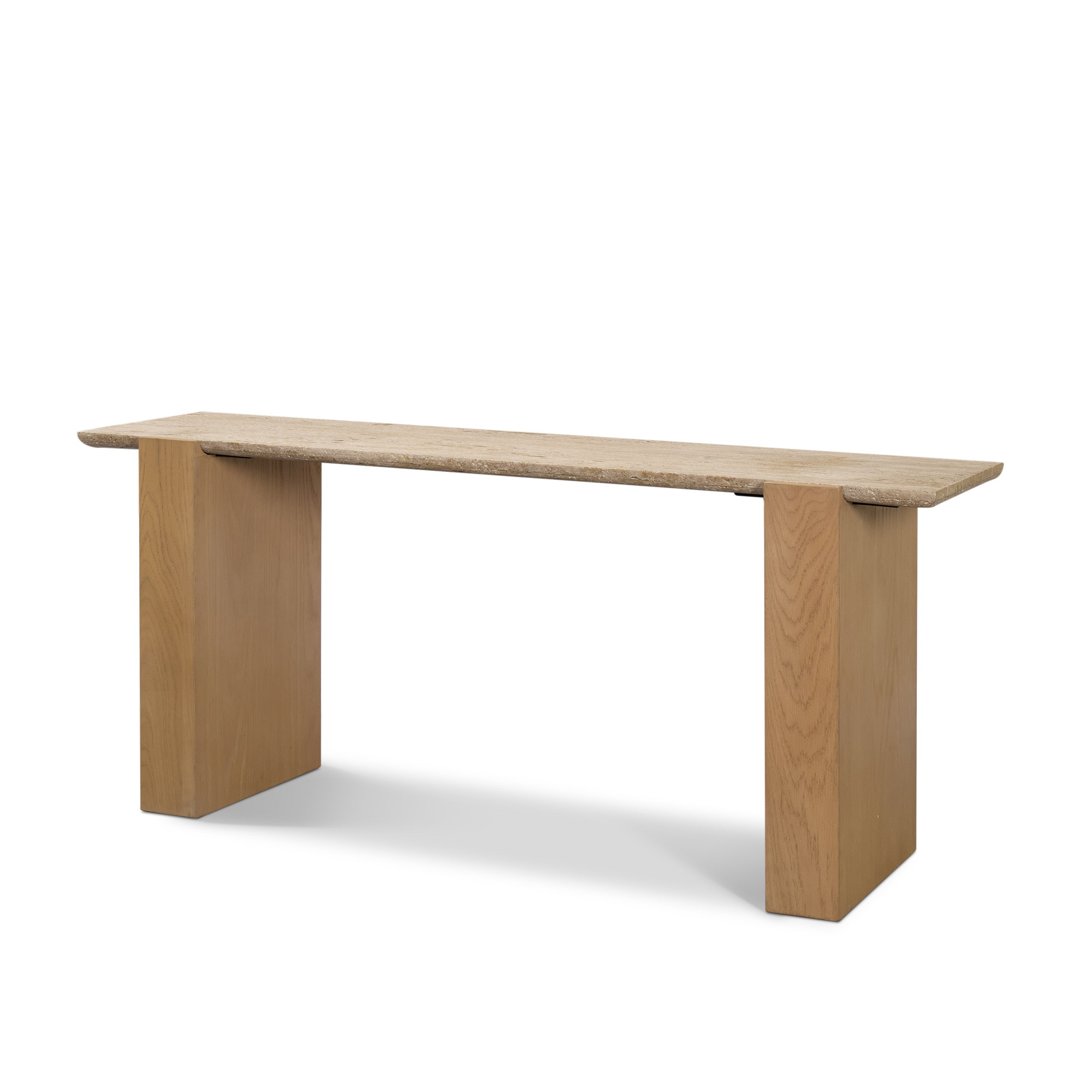 Milos Travertine Top with Light Brown Oak Wood Console Table