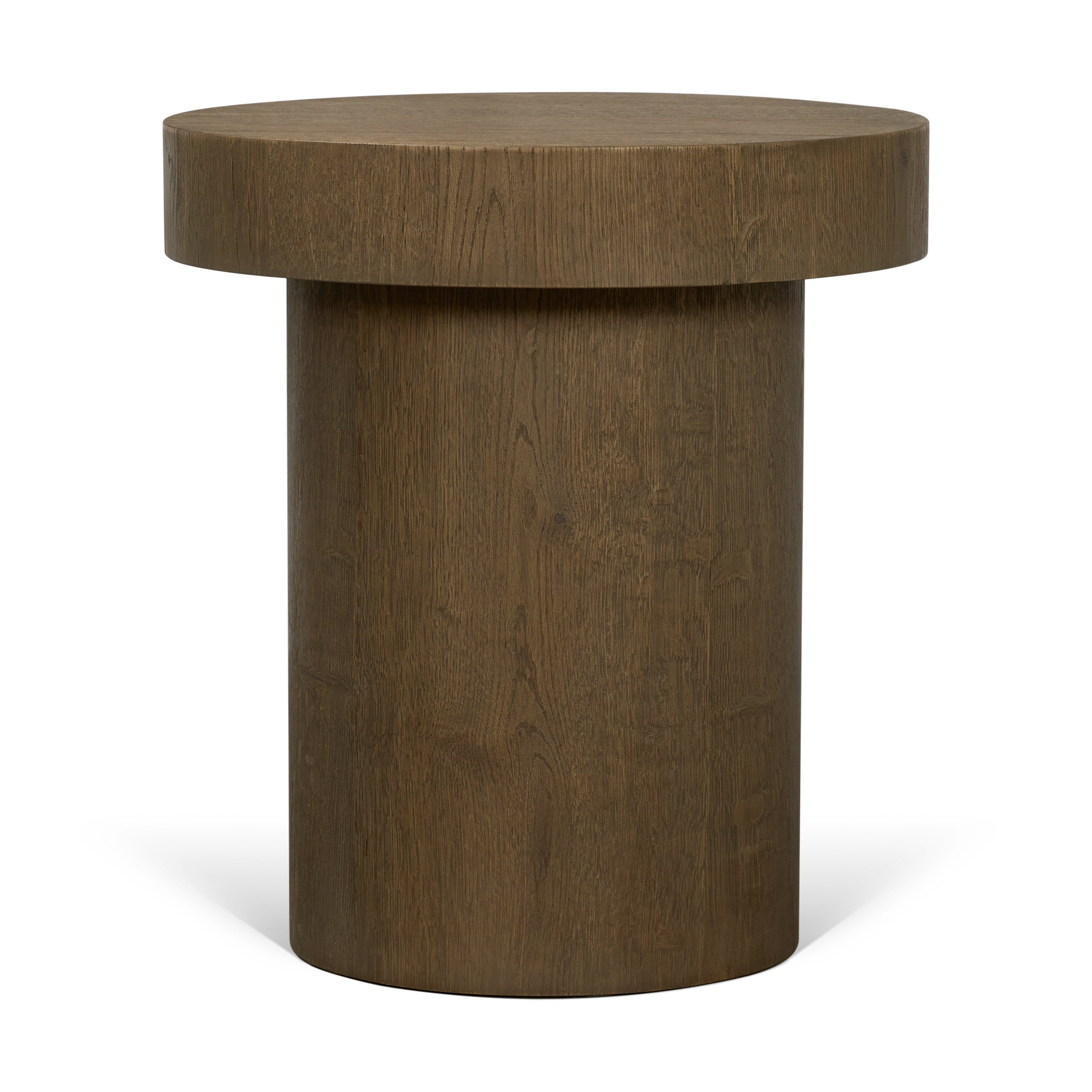 Lyonne Round Medium Brown Oak Wood Pedestal Side Tables