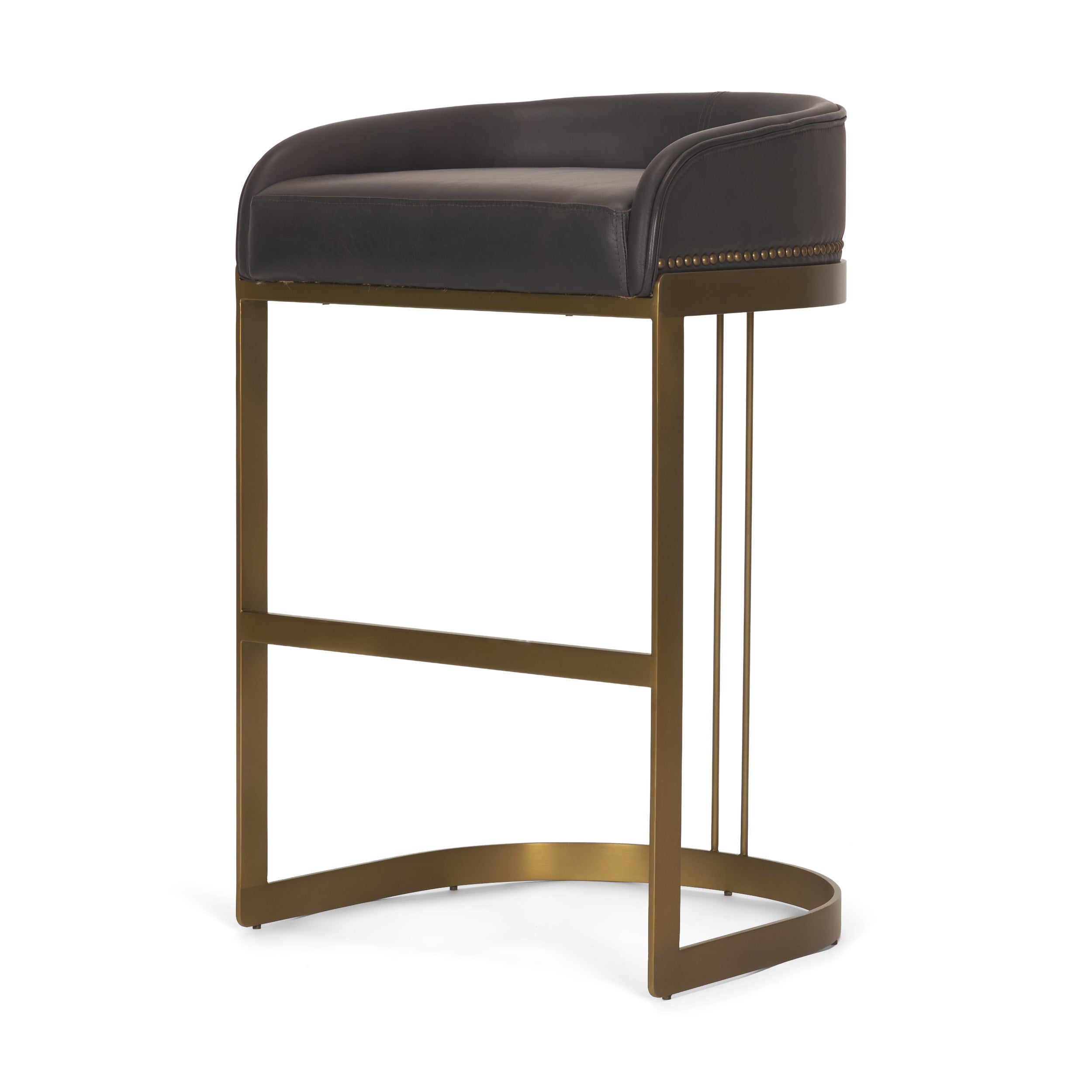 Hollyfield II Charcoal-Brown Leather Seat Gold Metal Base Bar Stool