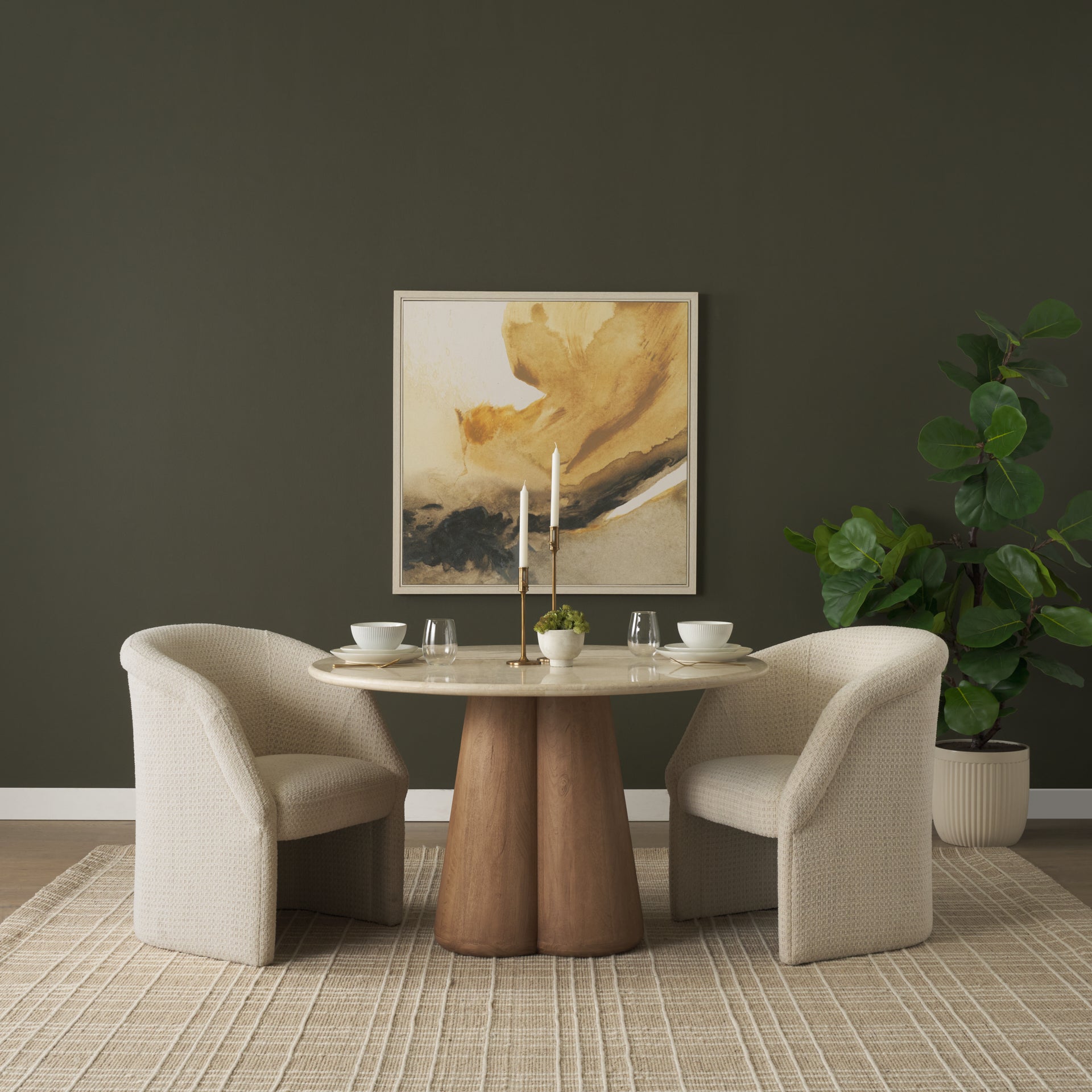 Marilyn 48" Botticino Marble with Light Brown Wood Base Dining Table