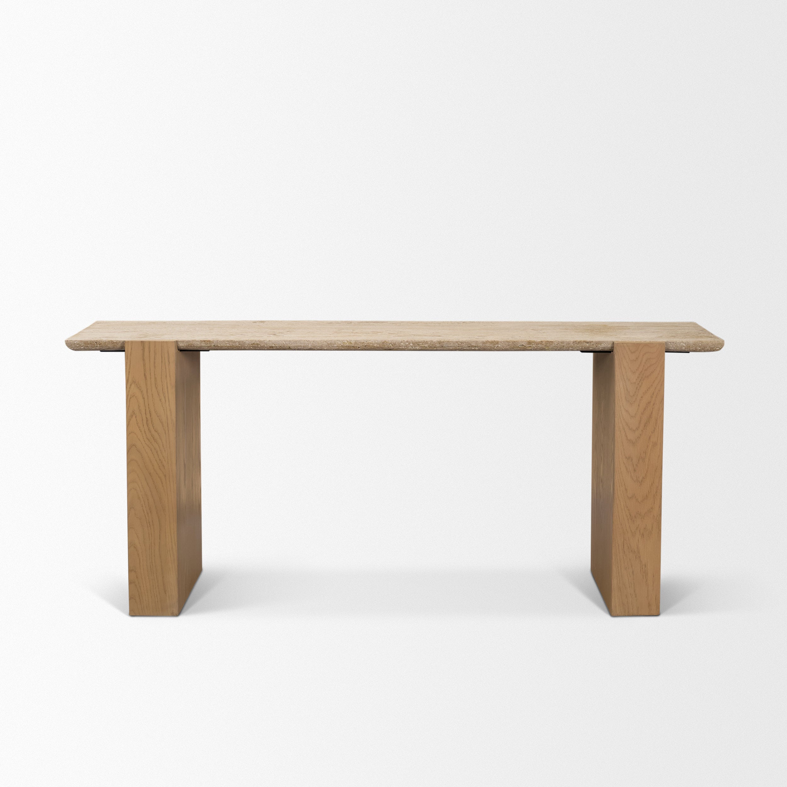 Milos Travertine Top with Light Brown Oak Wood Console Table