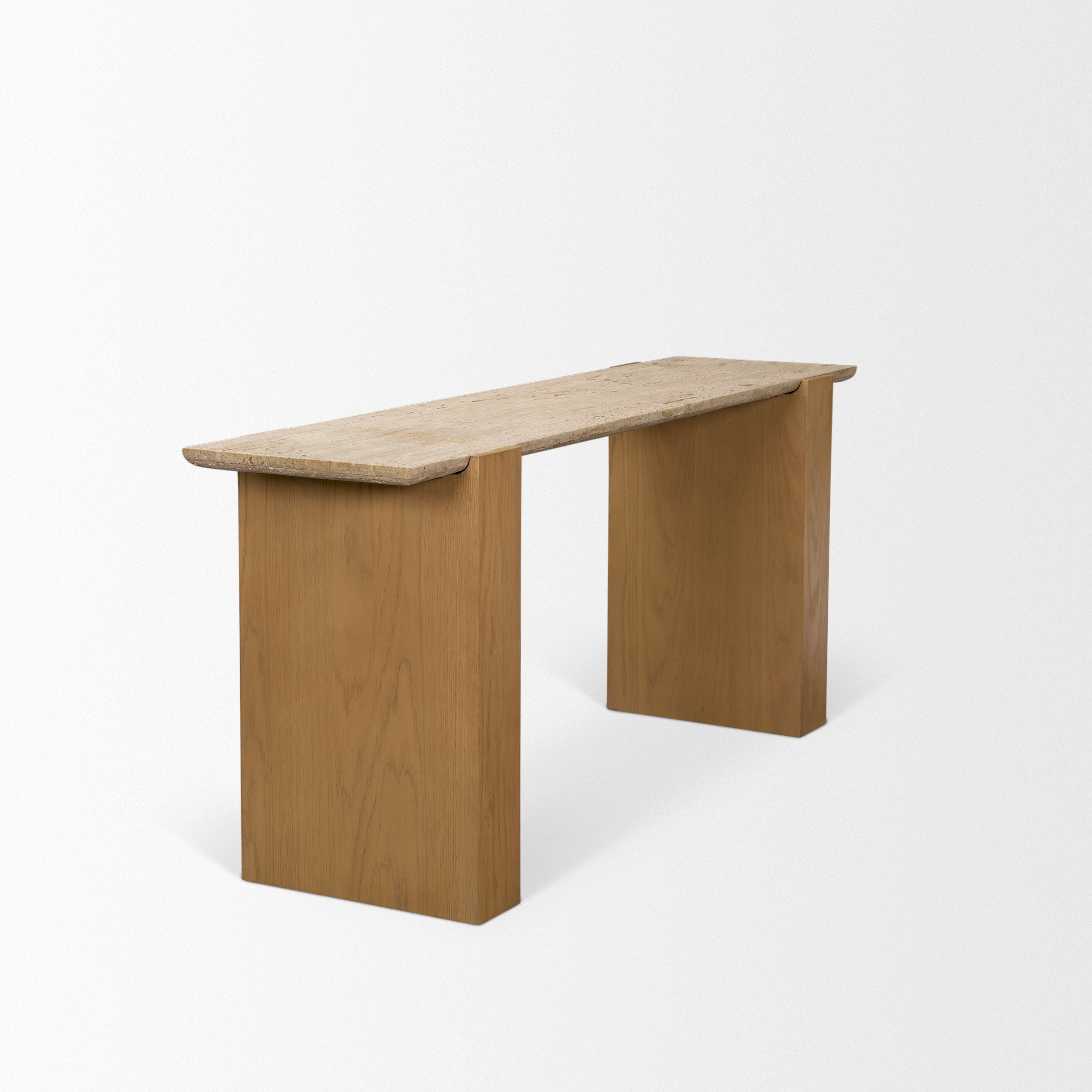 Milos Travertine Top with Light Brown Oak Wood Console Table
