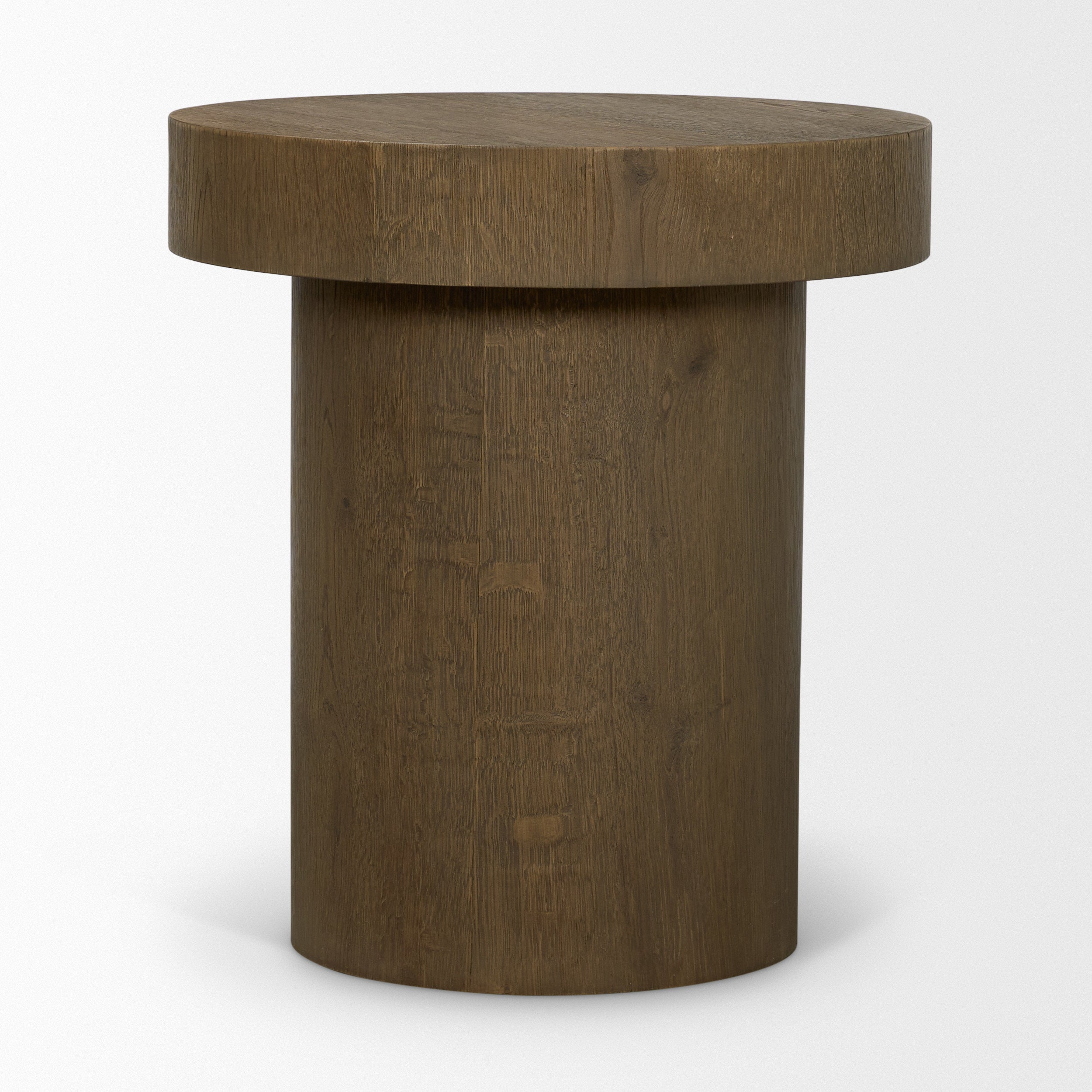 Lyonne Round Medium Brown Oak Wood Pedestal Side Tables