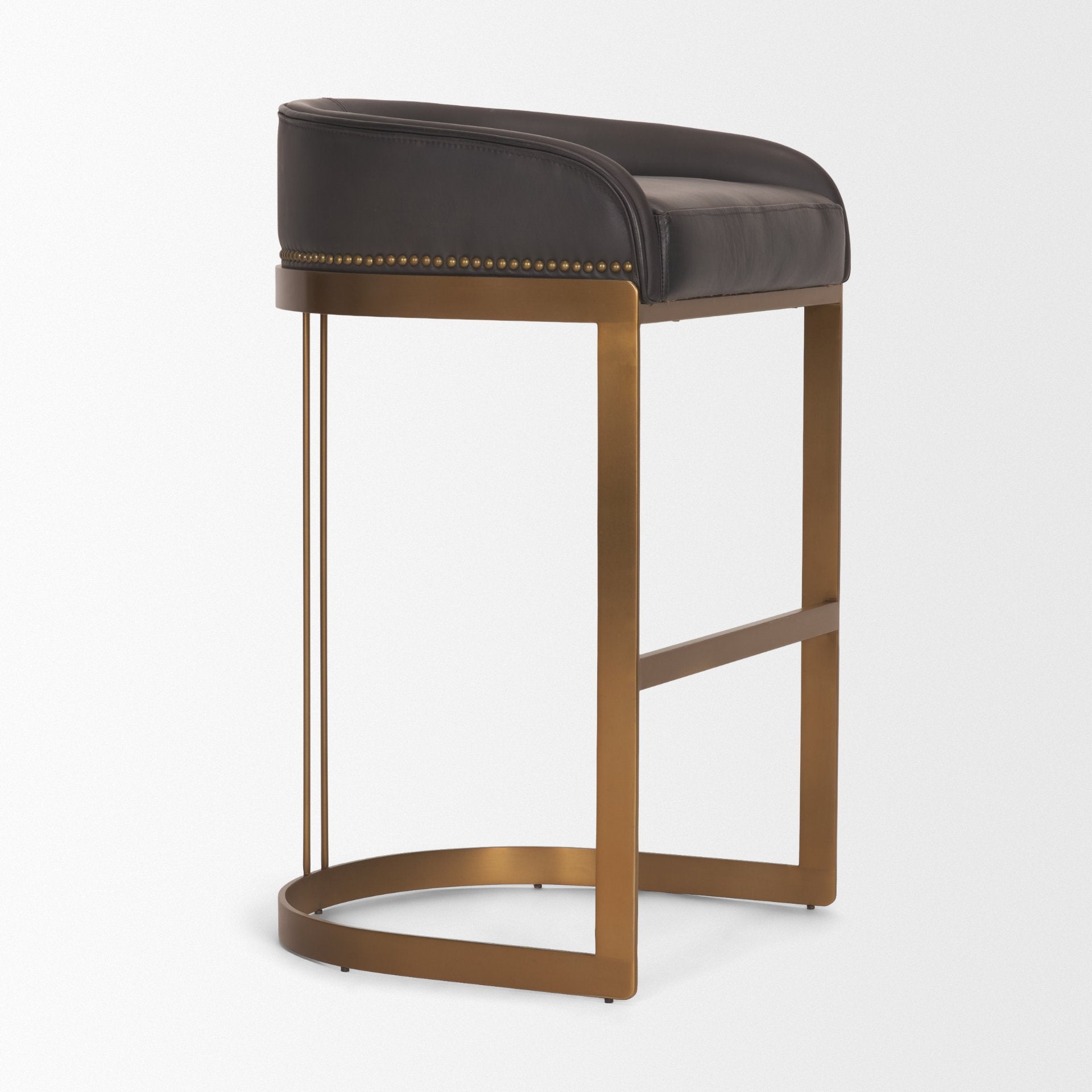 Hollyfield II Charcoal-Brown Leather Seat Gold Metal Base Bar Stool