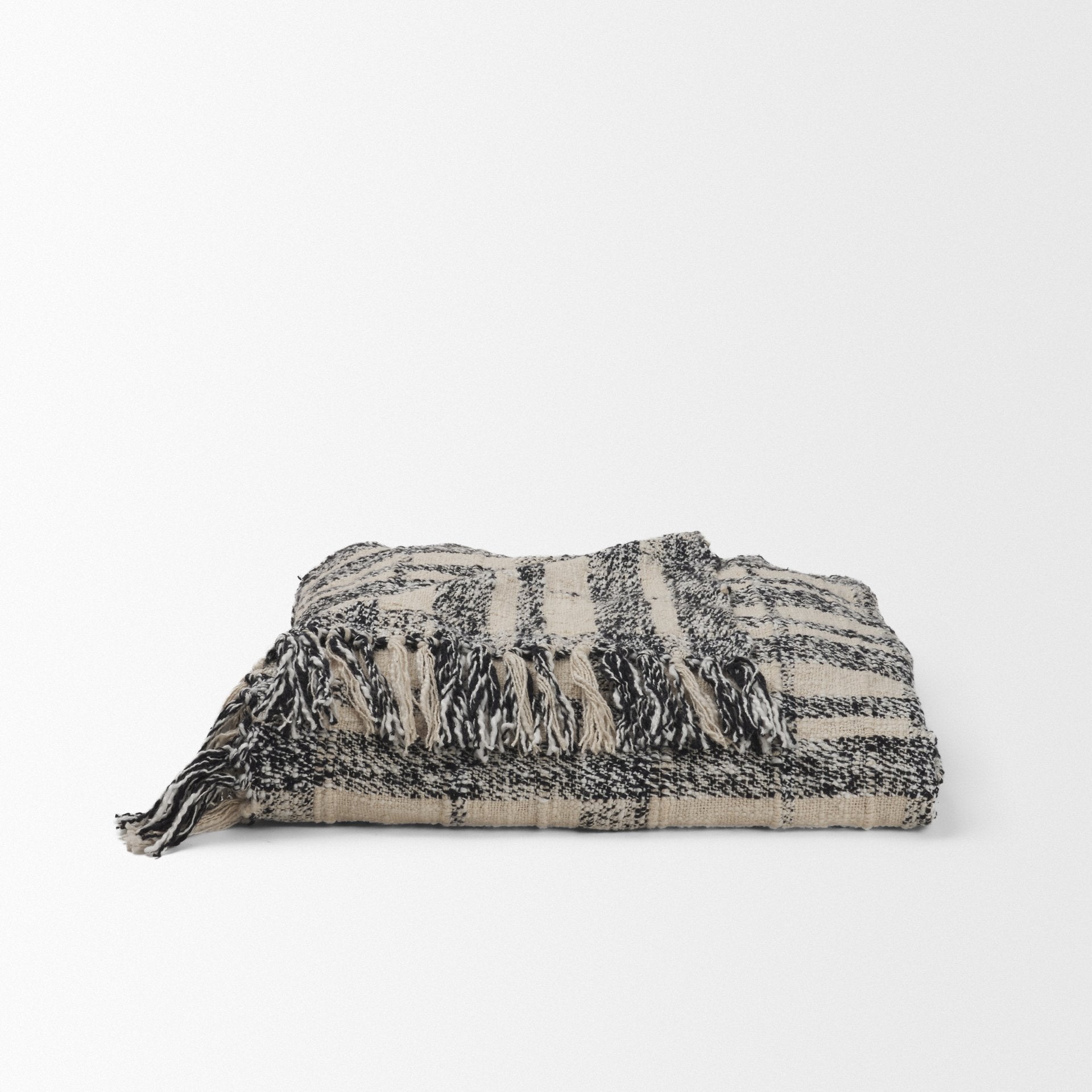 Pendle Cream with Woven Black Plaid Pattern Cotton Throw Blanket