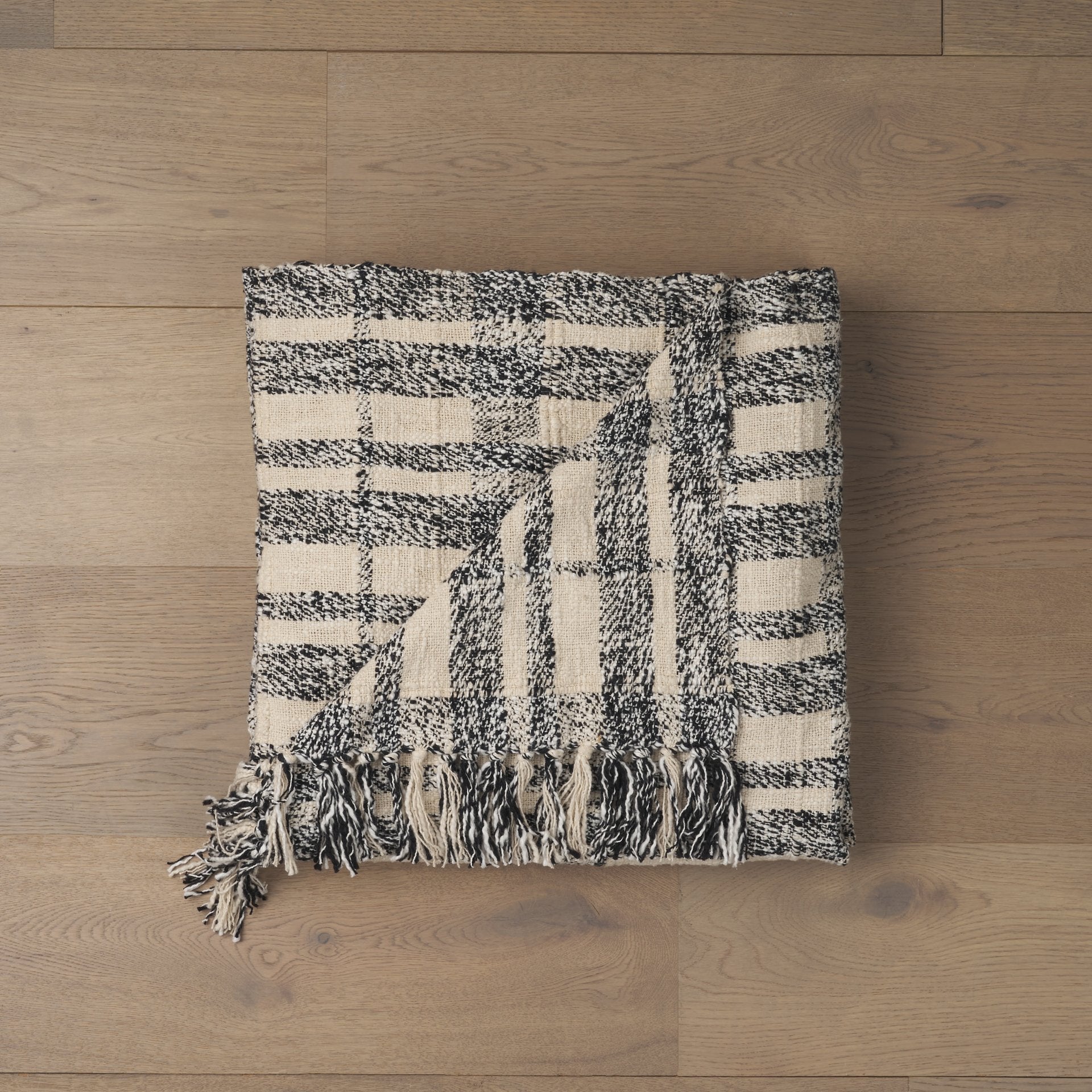 Pendle Cream with Woven Black Plaid Pattern Cotton Throw Blanket