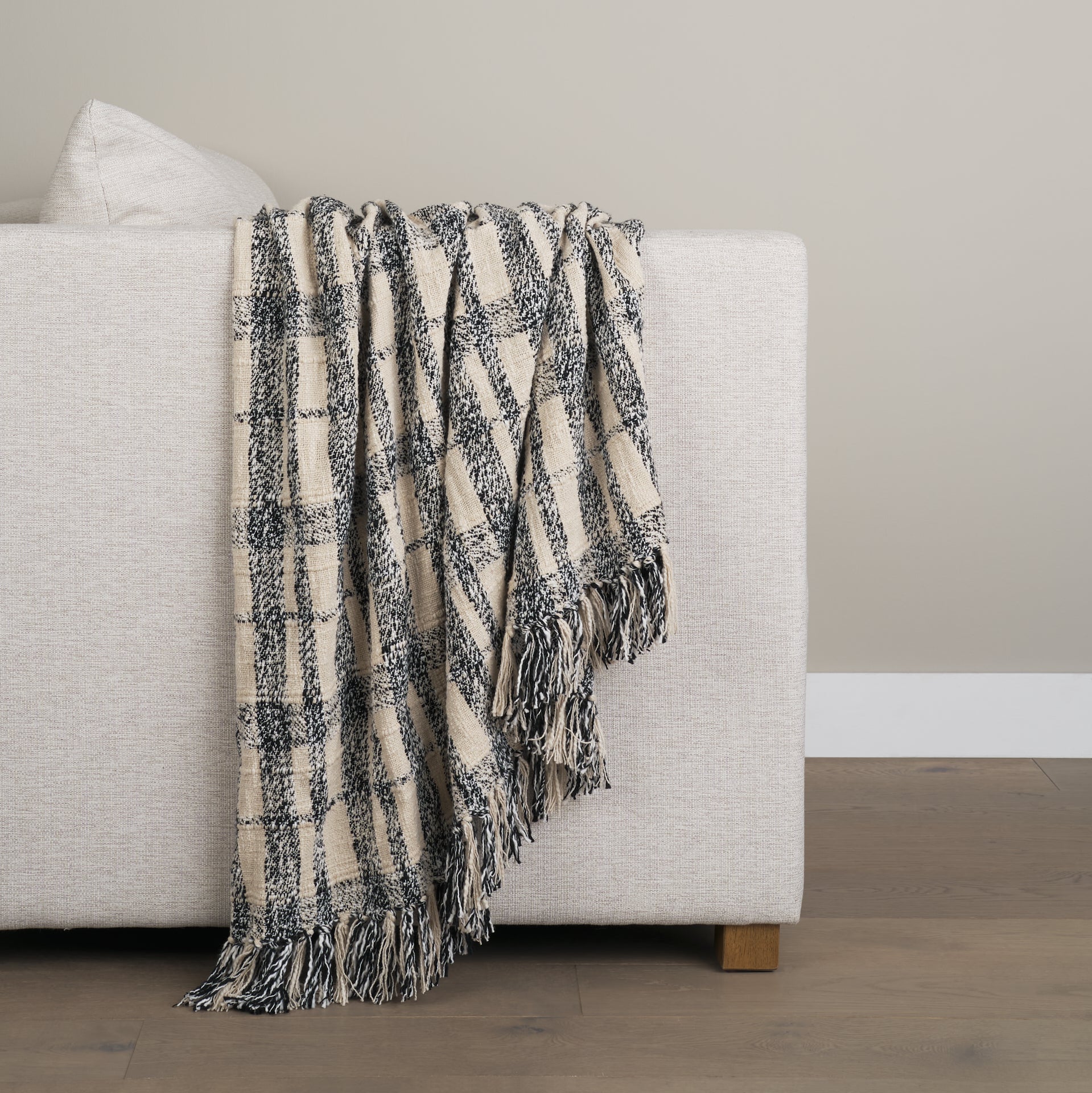 Pendle Cream with Woven Black Plaid Pattern Cotton Throw Blanket