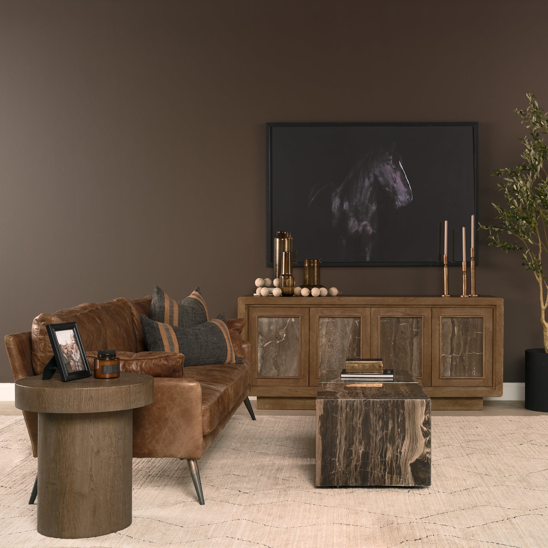 Lyonne Round Medium Brown Oak Wood Pedestal Side Tables
