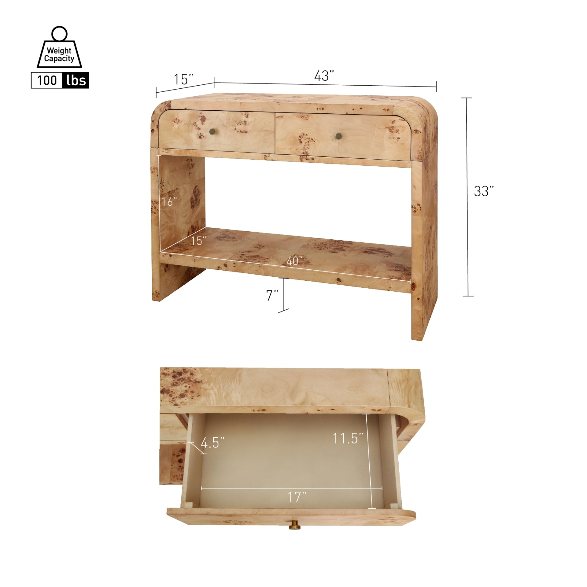 Veyra Burl Wood 2 Drawers Console Table with Shelf - Natural Burl