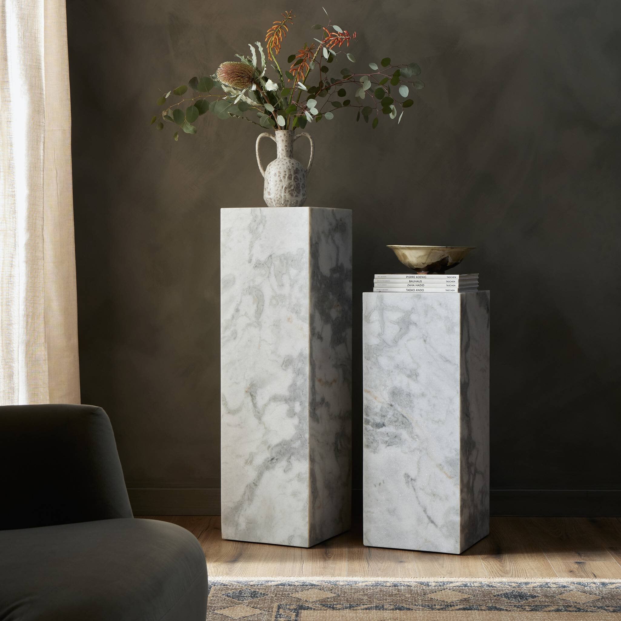 Modern Marble Pedestal - White & Grey Speckled Marble