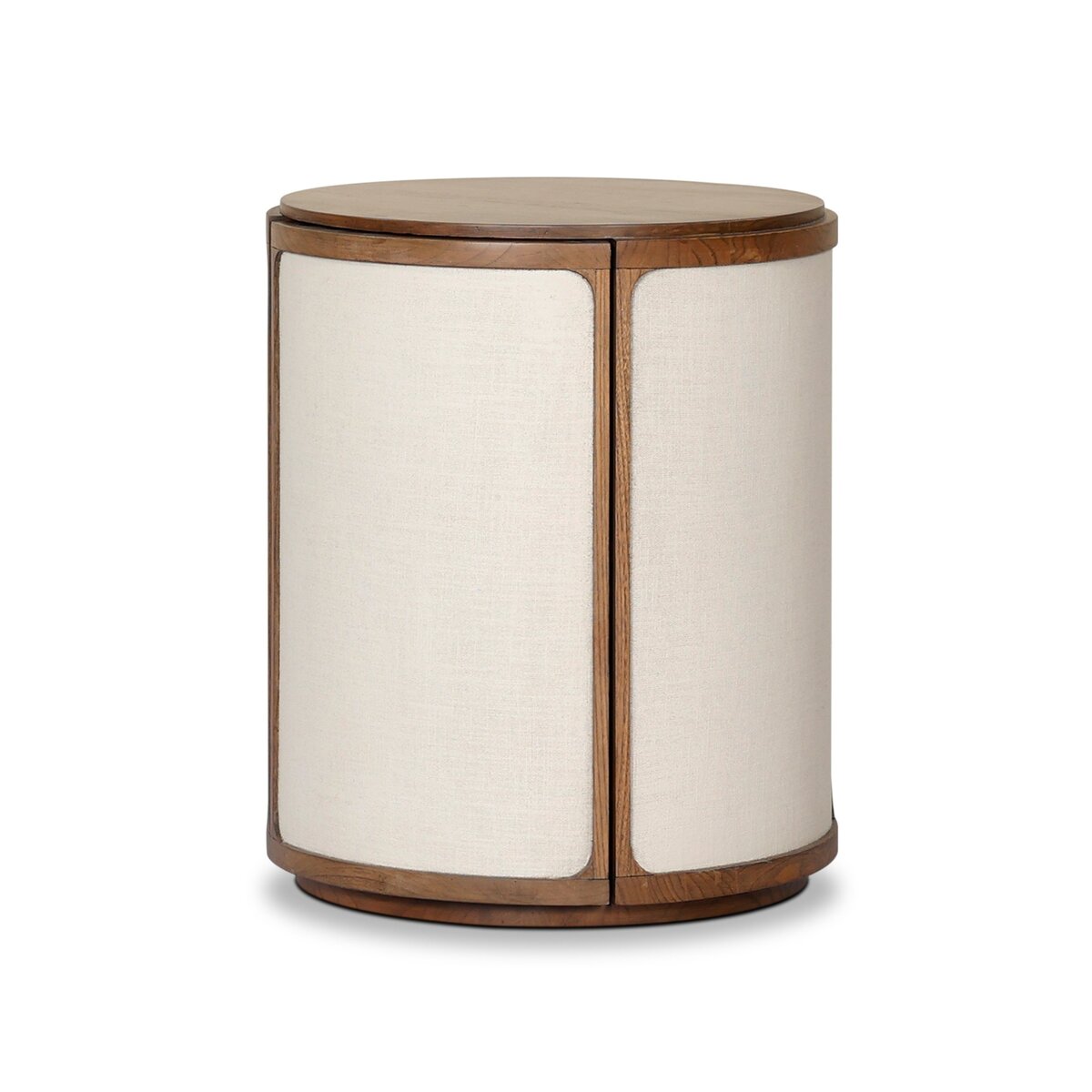 Bertie End Table by Four Hands in Amber Sungkai Veneer, three-quarter view of the rounded storage cabinet.