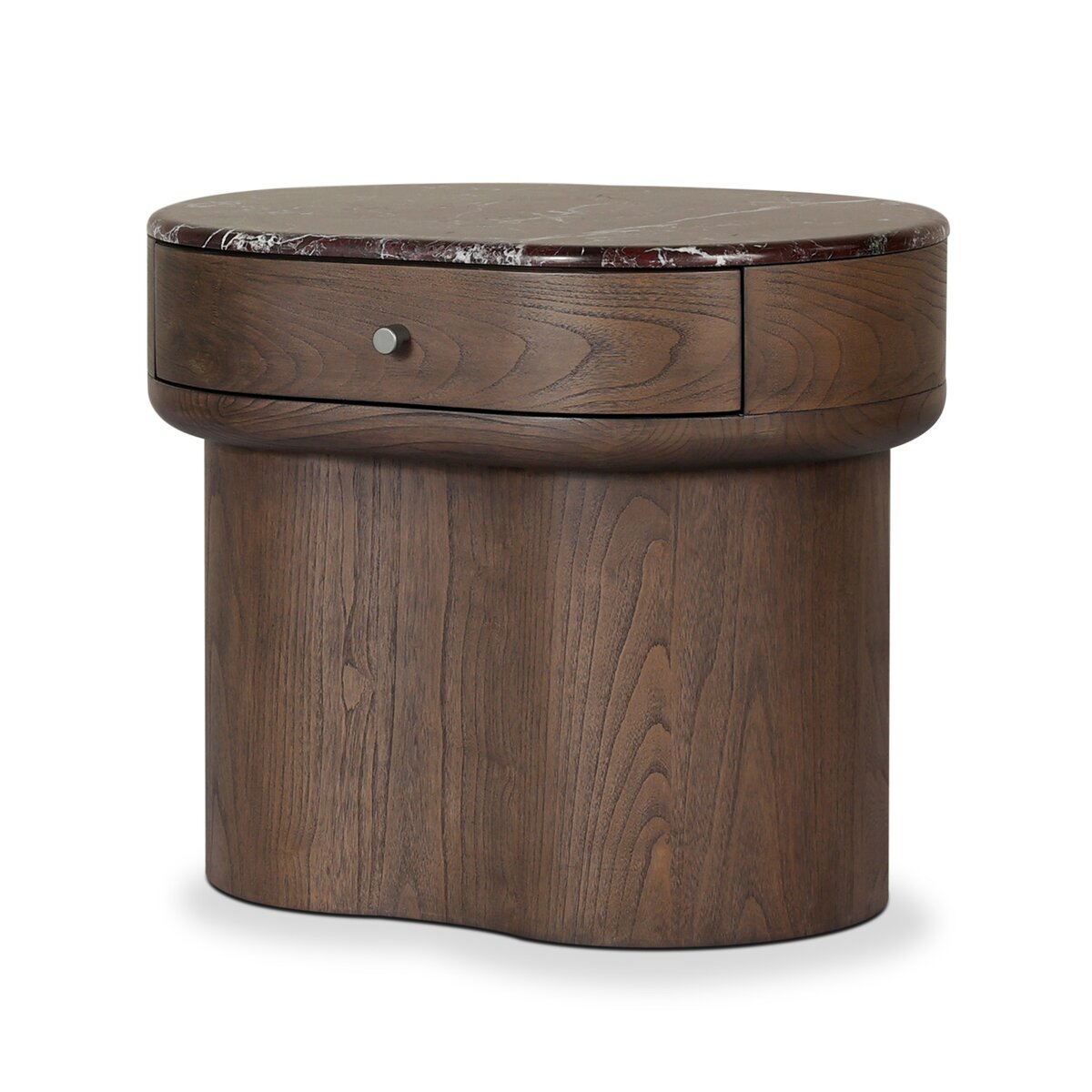 Lando Nightstand by Four Hands in Merlot, three-quarter view of the curved sungkai wood base, drawer, and dark stone top.