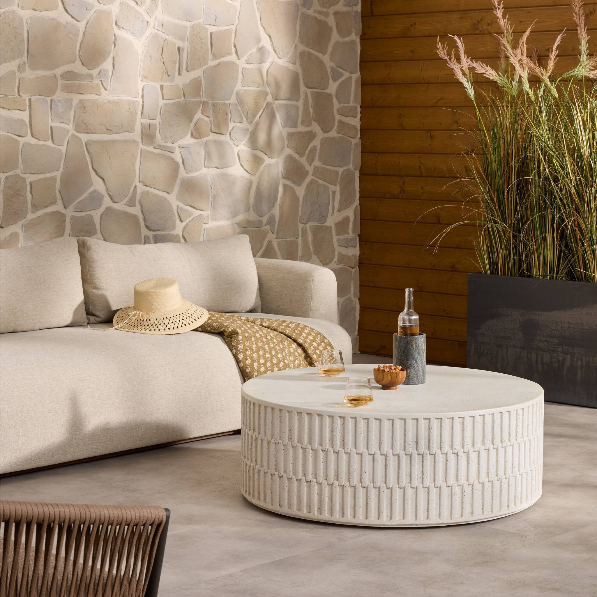 Callisto Outdoor Coffee Table - Aged White Concrete