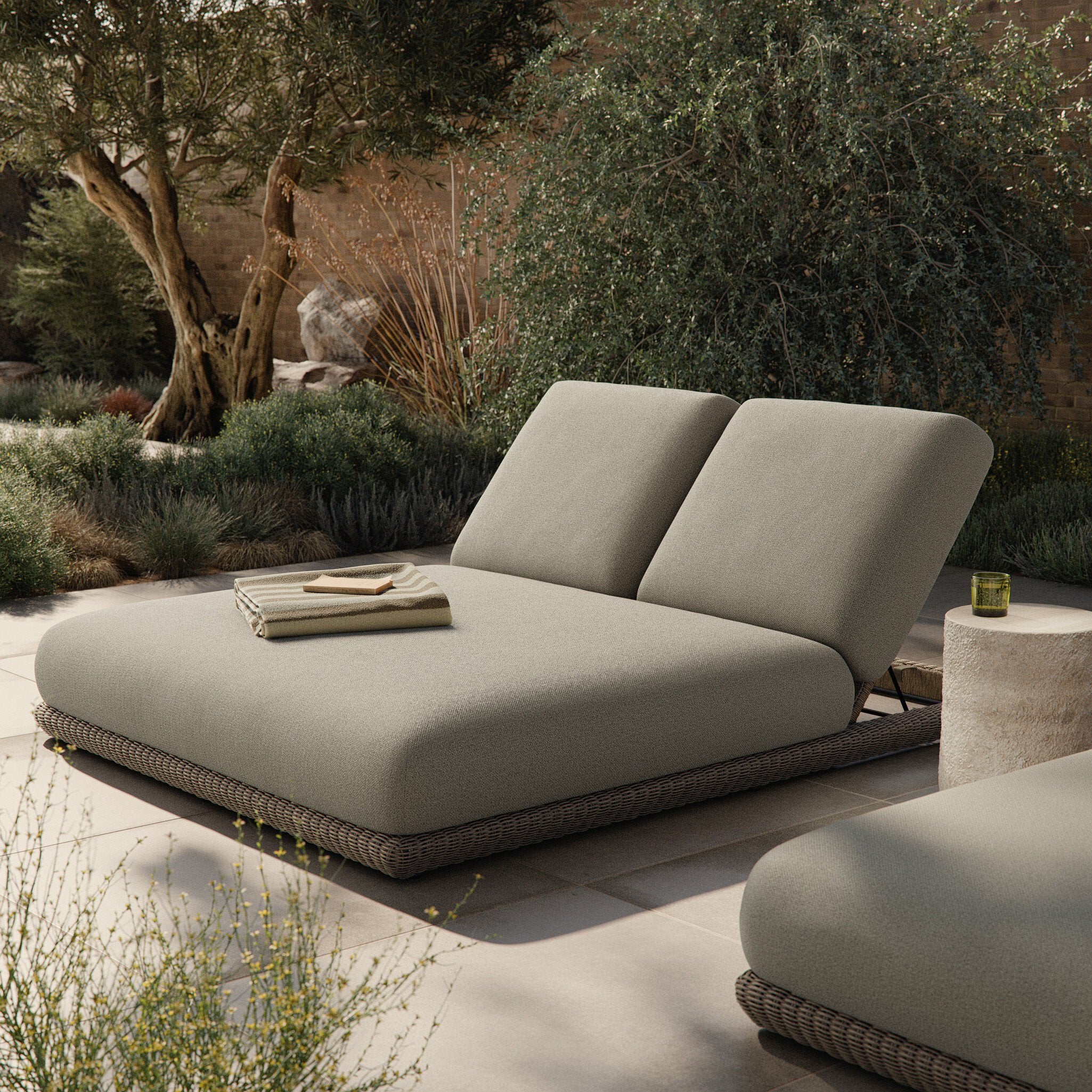 Evander Outdoor Double Chaise - Ramiro Ecru
