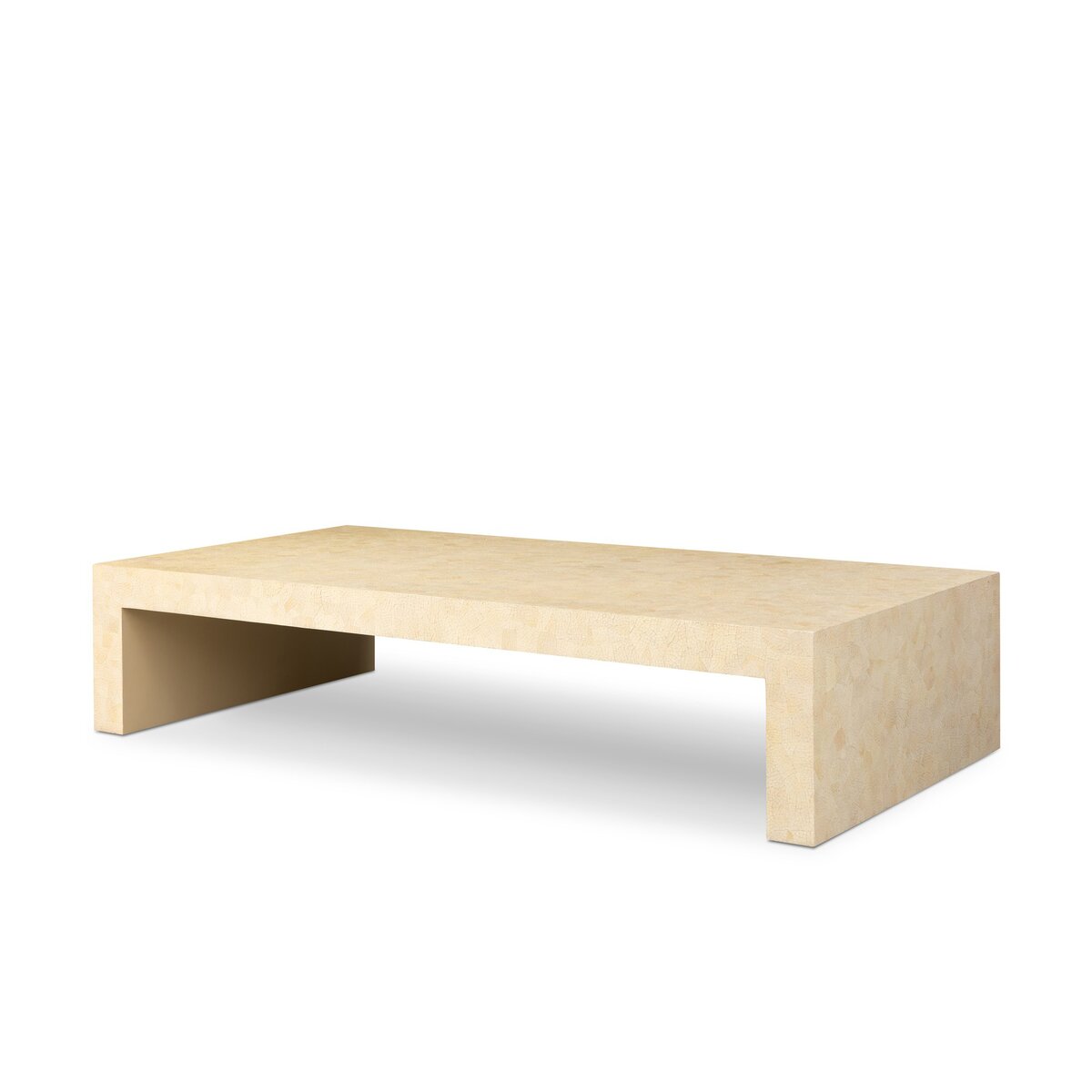 Parish Coffee Table by Four Hands in Natural Eggshell, three-quarter view of the lacquered waterfall frame.