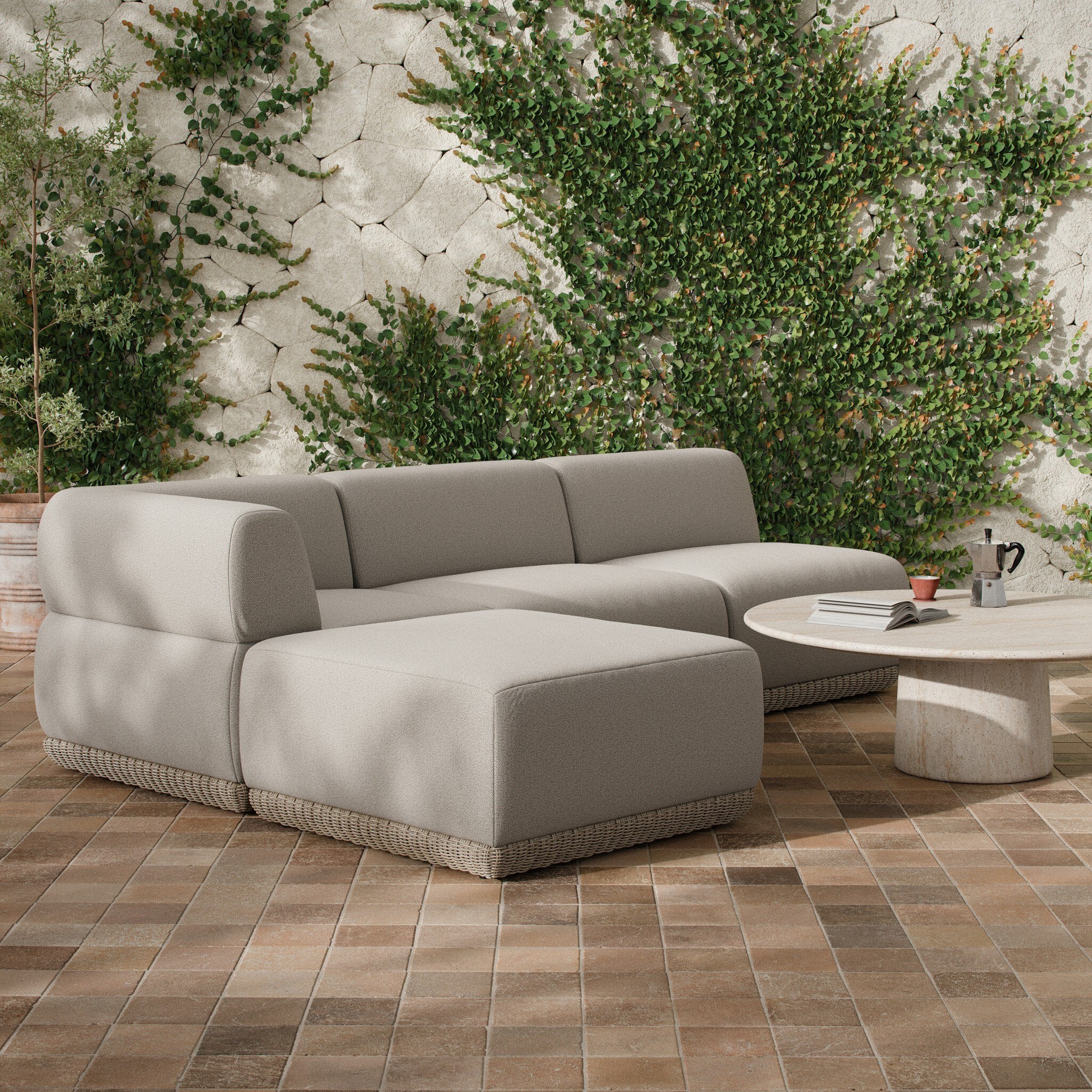 Evander Outdoor 3 Piece Sectional with Ottoman - Ramiro Ecru