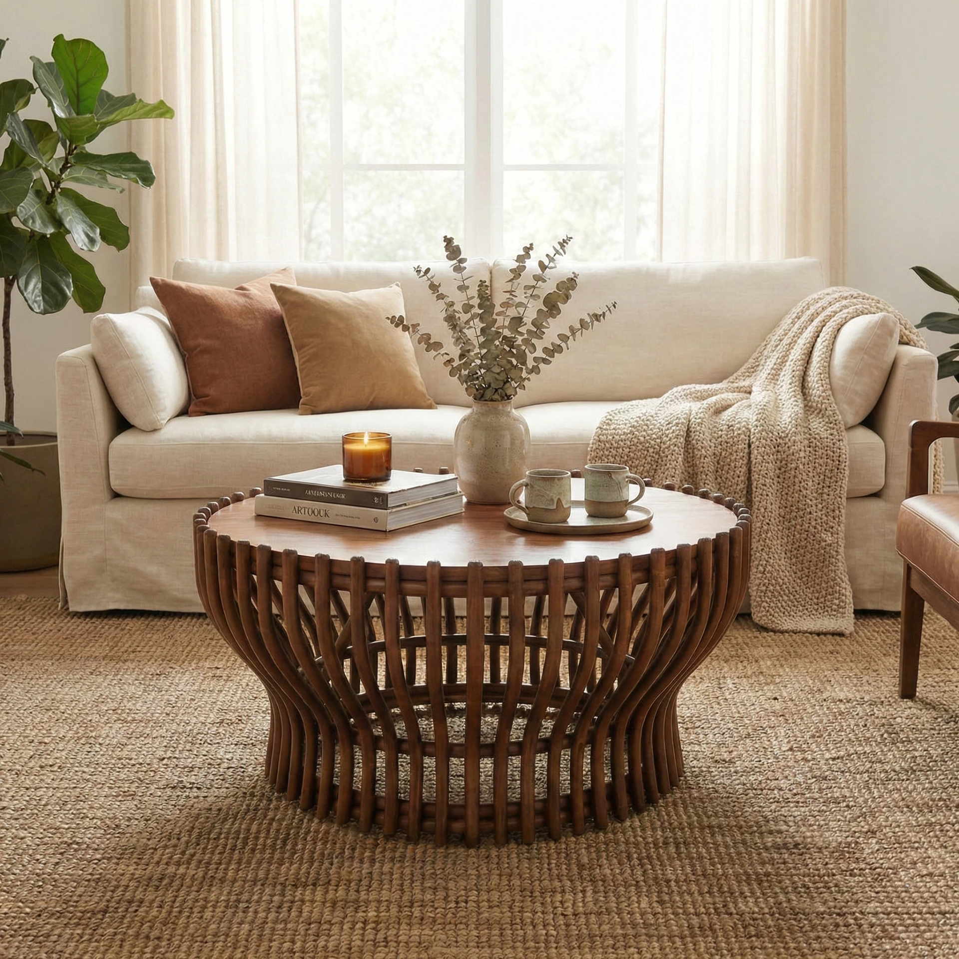 Sona Rattan Coffee Table with Wood Top - Cane Brown