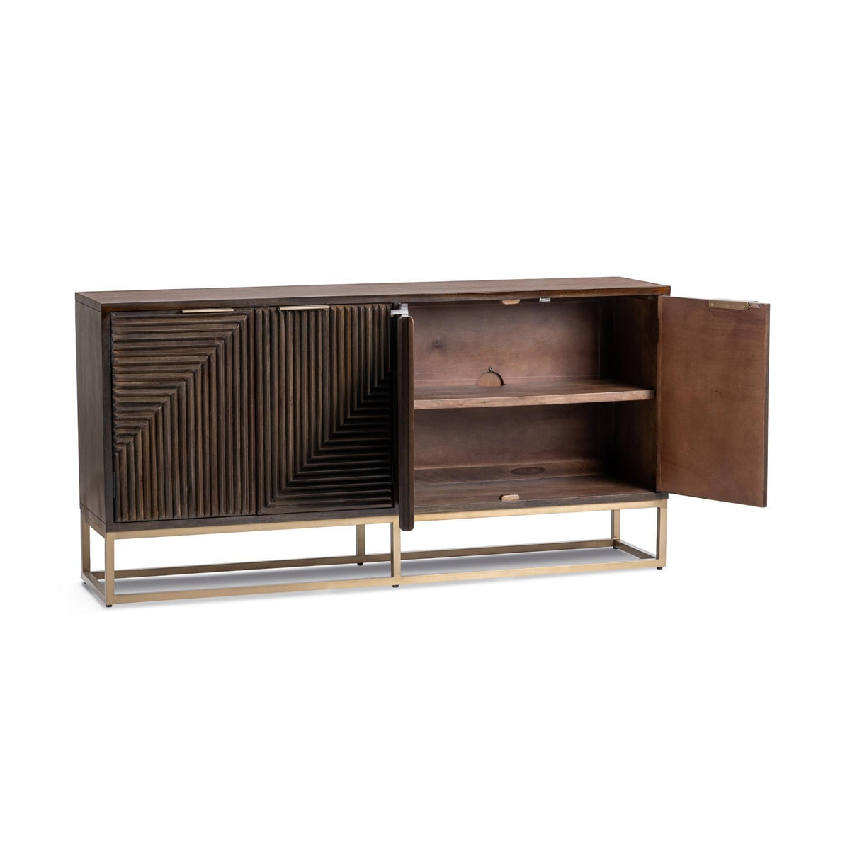 Flint Cabinet by Classic Home — four-door dark brown mango wood cabinet with the right pair open to reveal shelving