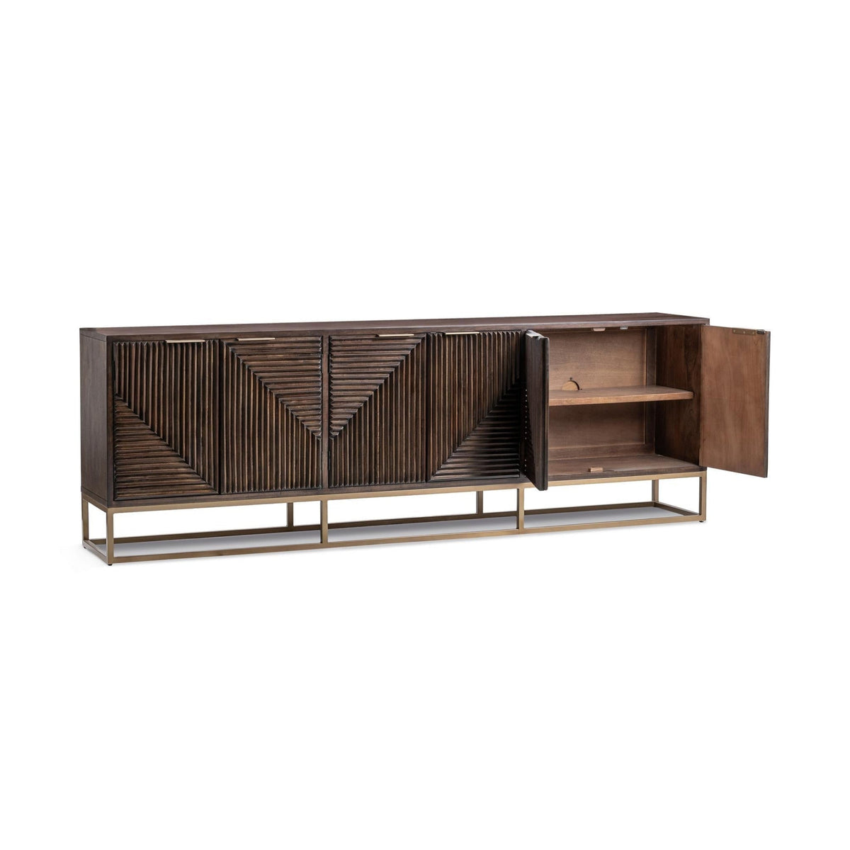 Flint Cabinet by Classic Home — six-door dark brown mango wood cabinet with the right pair open to reveal shelving