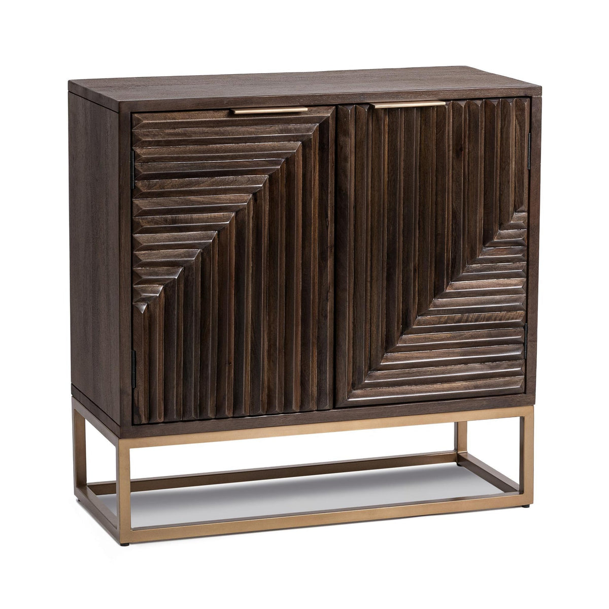 Flint Cabinet by Classic Home — dark brown mango wood, two-door configuration with carved fronts, three-quarter view