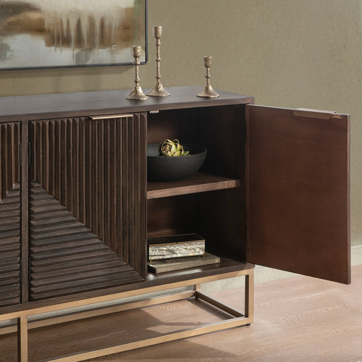 Flint Cabinet by Classic Home — dark brown mango wood cabinet with one pair of doors open to reveal interior shelving