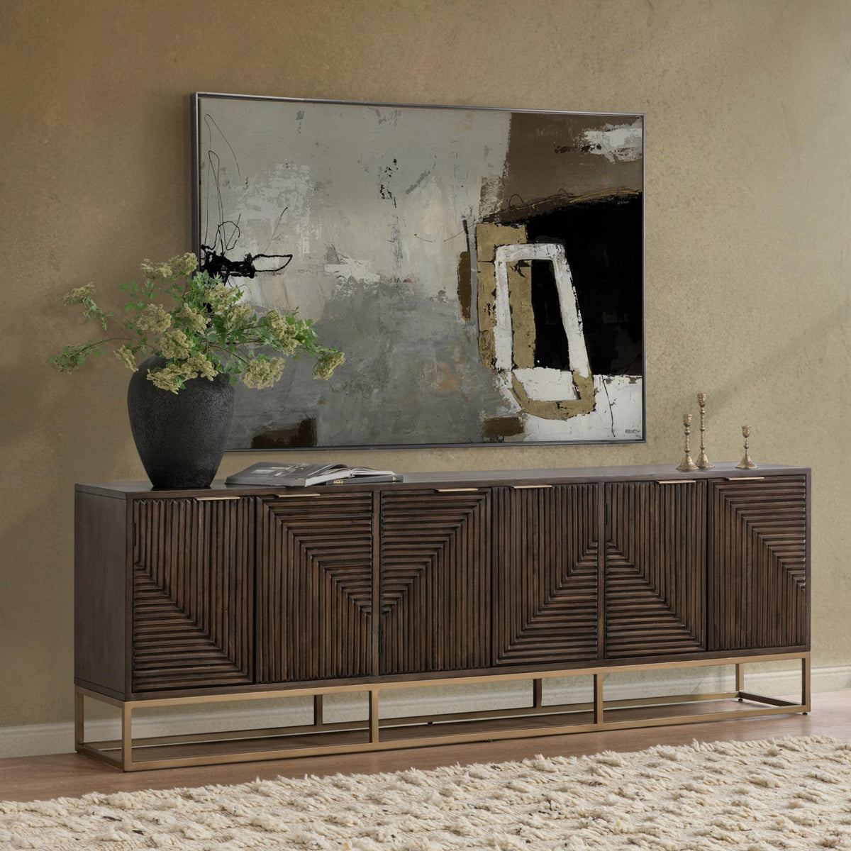 Flint Cabinet by Classic Home — six-door dark brown mango wood cabinet styled beneath wall art in a room