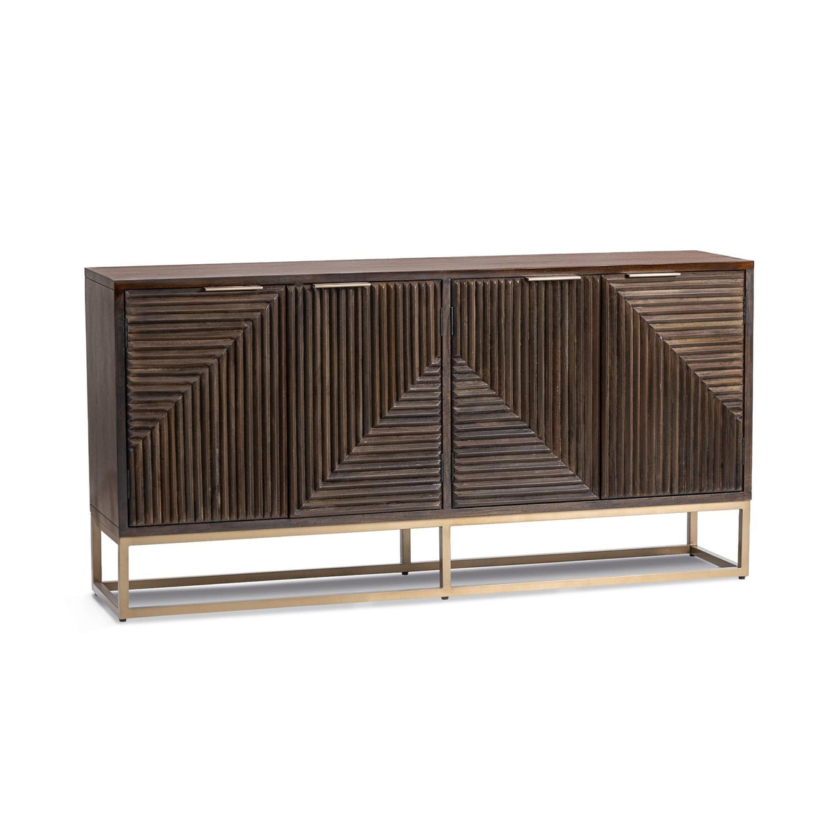 Flint Cabinet by Classic Home — four-door dark brown mango wood cabinet with geometric carved fronts, angled view