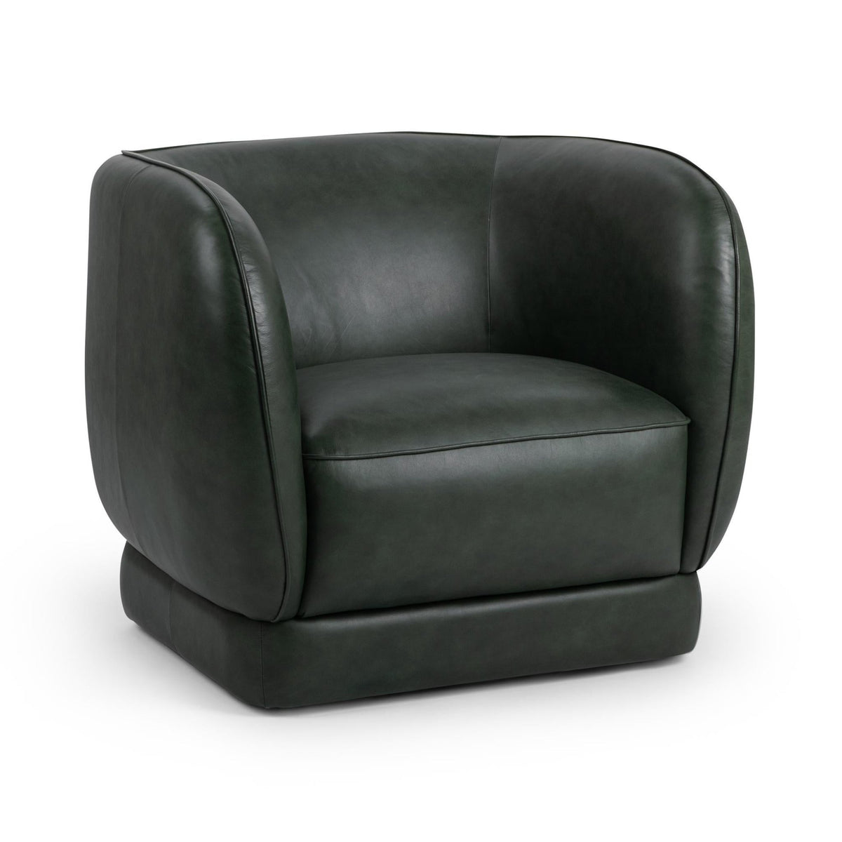 Rinner Swivel Chair by Classic Home — hunter green top-grain leather, three-quarter view with rounded arms and low base