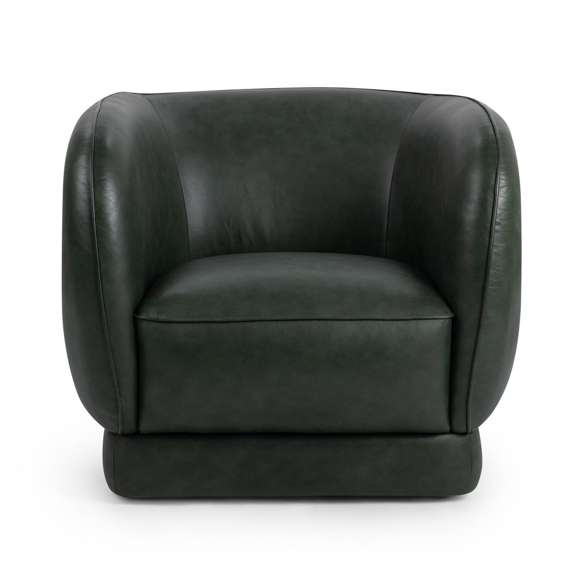 Rinner Swivel Chair by Classic Home — front view in hunter green top-grain leather with an enveloping curved back