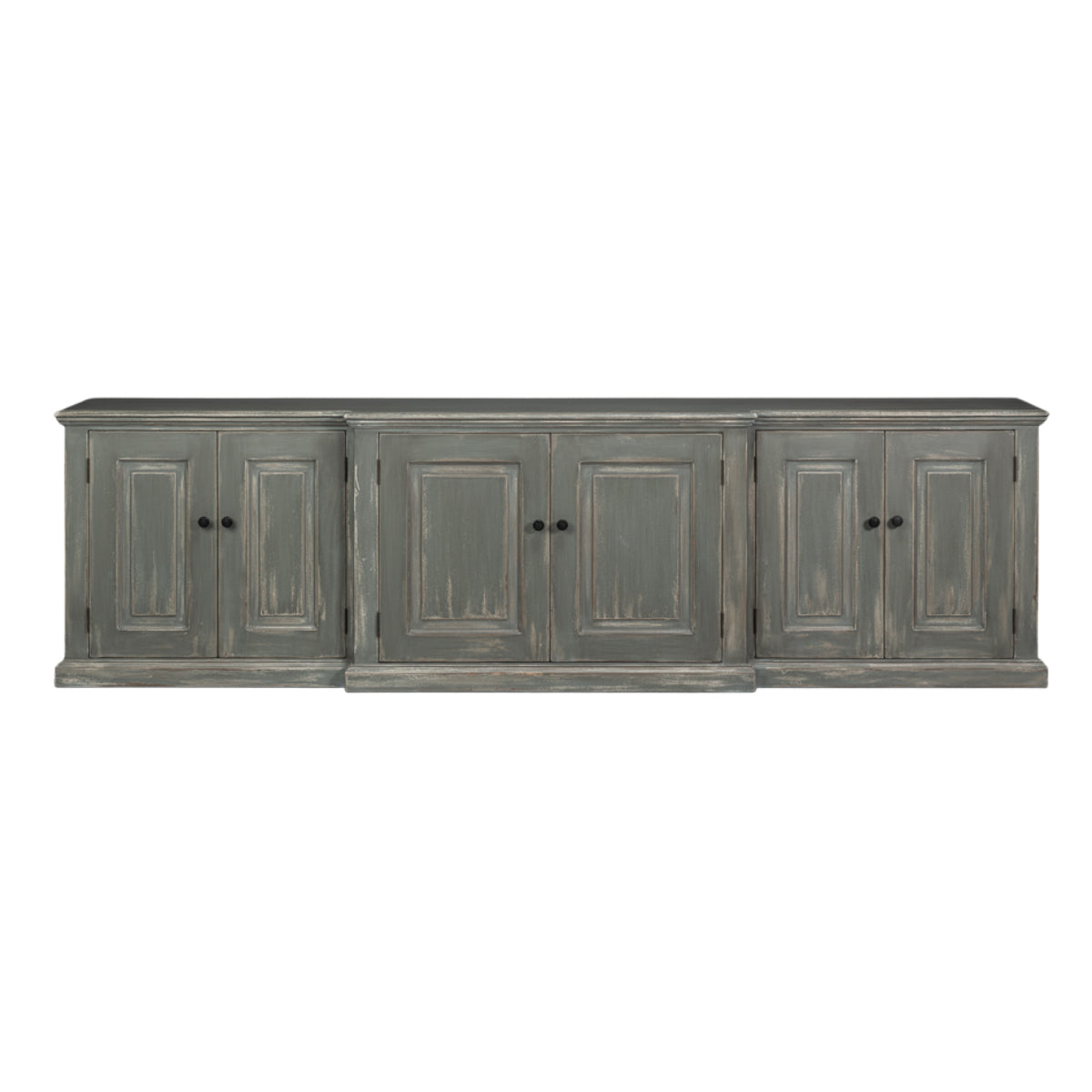 San Marco Bungalow Credenza by Sarreid, straight-on view of the blue-gray six-door pine cabinet.