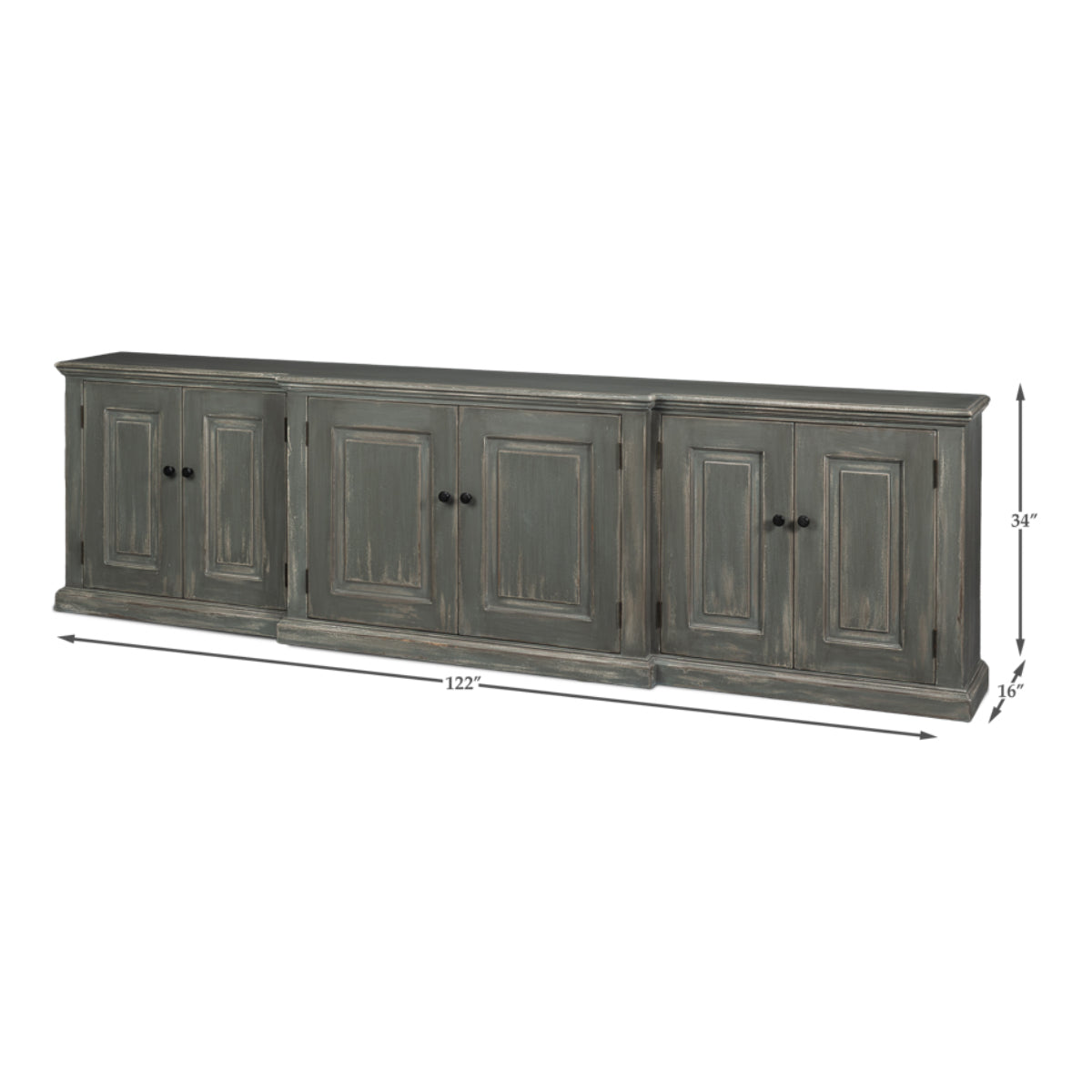 San Marco Bungalow Credenza by Sarreid, dimensional diagram: 122 inches wide, 34 inches high and 16 inches deep.