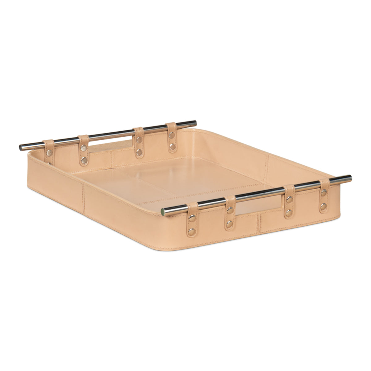 Safari Leather Tray by Sarreid — Tan leather tray with polished nickel rails, three-quarter view