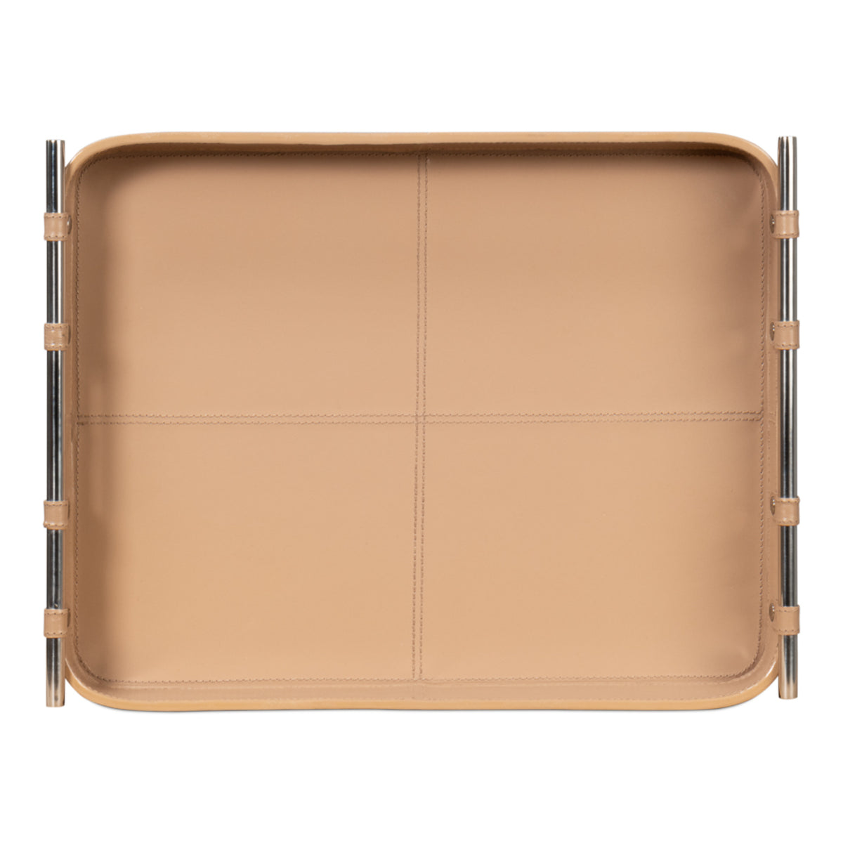 Safari Leather Tray by Sarreid — top view showing the stitched Tan leather base and polished nickel side rails