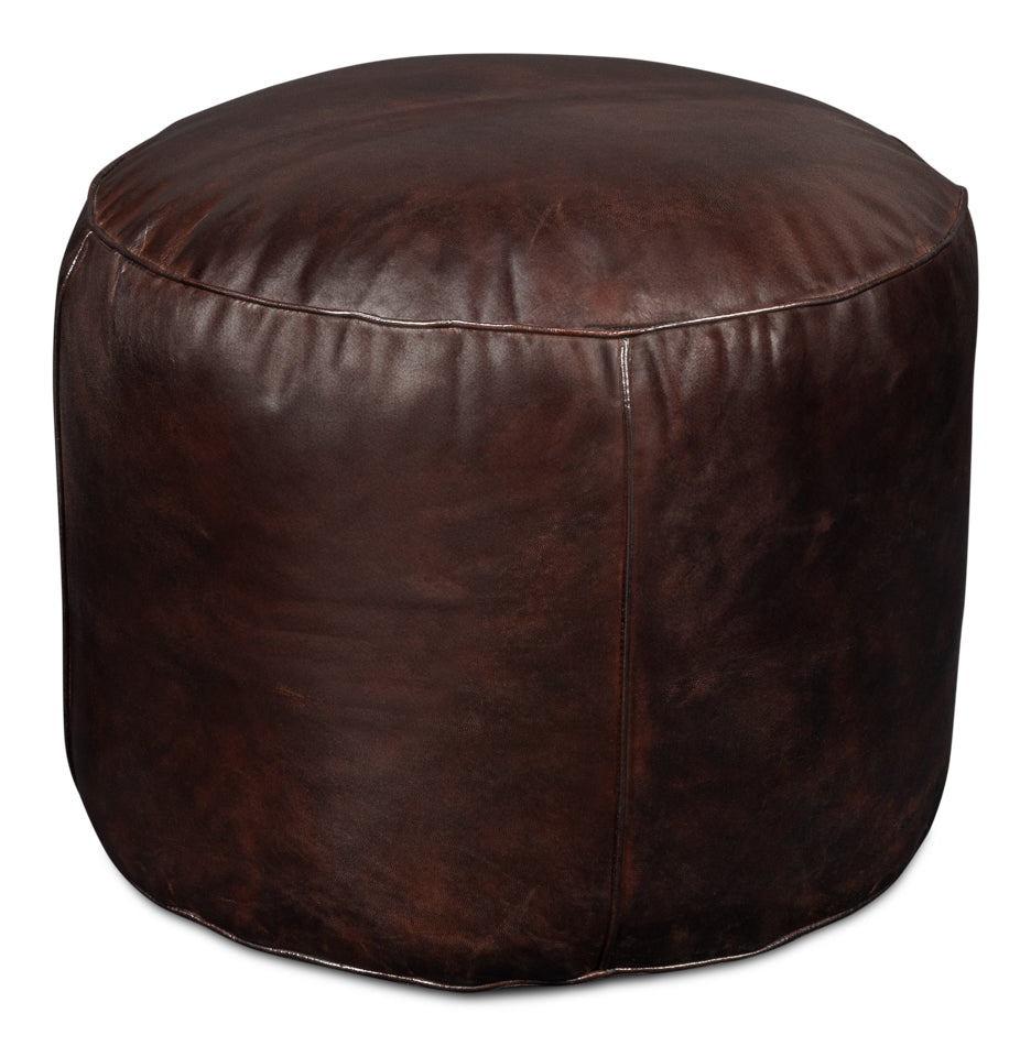 Soccerball Stool by Sarreid — Dark Brown upholstered stool, eye-level three-quarter view