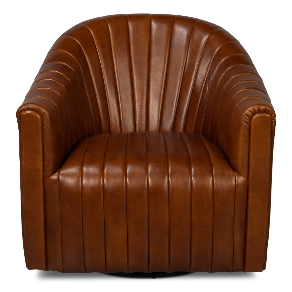 Essex Swivel Chair by Sarreid, straight-on view of the brown top-grain leather barrel chair with channel tufting.