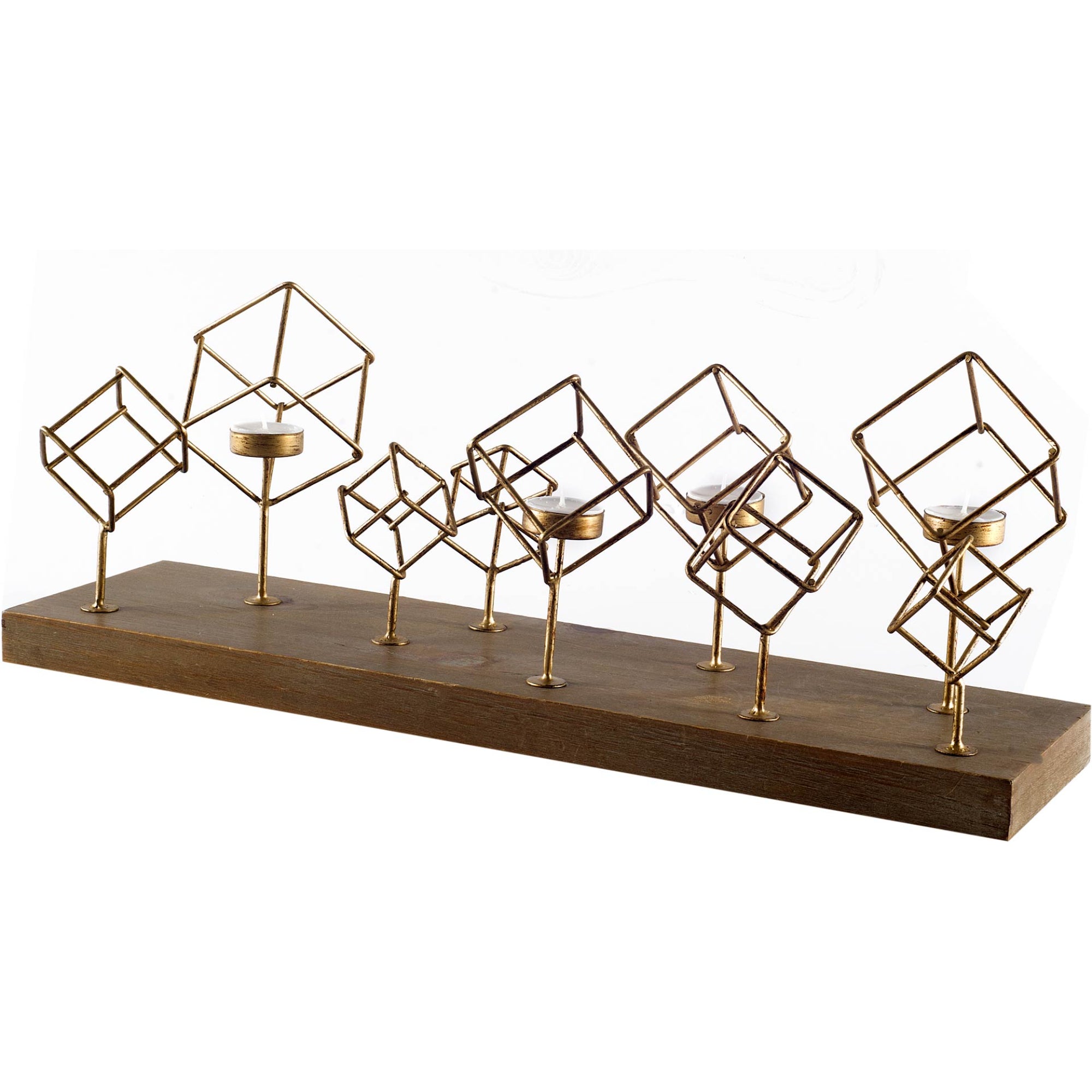 Salvador II Wood Base Brass Cube Tea Light Table Candle Holder